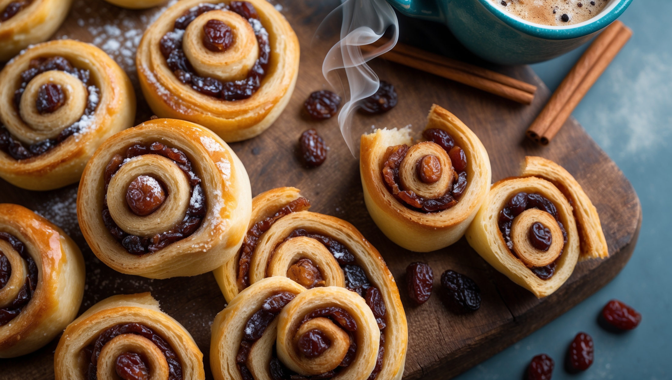 An overhead shot of golden-brown Cinnamon Raisin Pinwheels arranged on a rustic wooden serving board, with several pinwheels showing their distinctive spiral pattern of cinnamon and raisin-studded layers. A cross-section view reveals the delicate, flaky pastry texture with caramelized cinnamon sugar creating amber swirls throughout. Soft natural morning light highlights the glistening sugar crystals on top, while a light dusting of powdered sugar adds contrast against the rich golden pastry. A vintage blue ceramic mug of coffee sits alongside, with scattered cinnamon sticks and fresh raisins artfully placed to emphasize the key ingredients. Steam rises gently from one freshly broken pinwheel, suggesting warmth and inviting the viewer to taste.