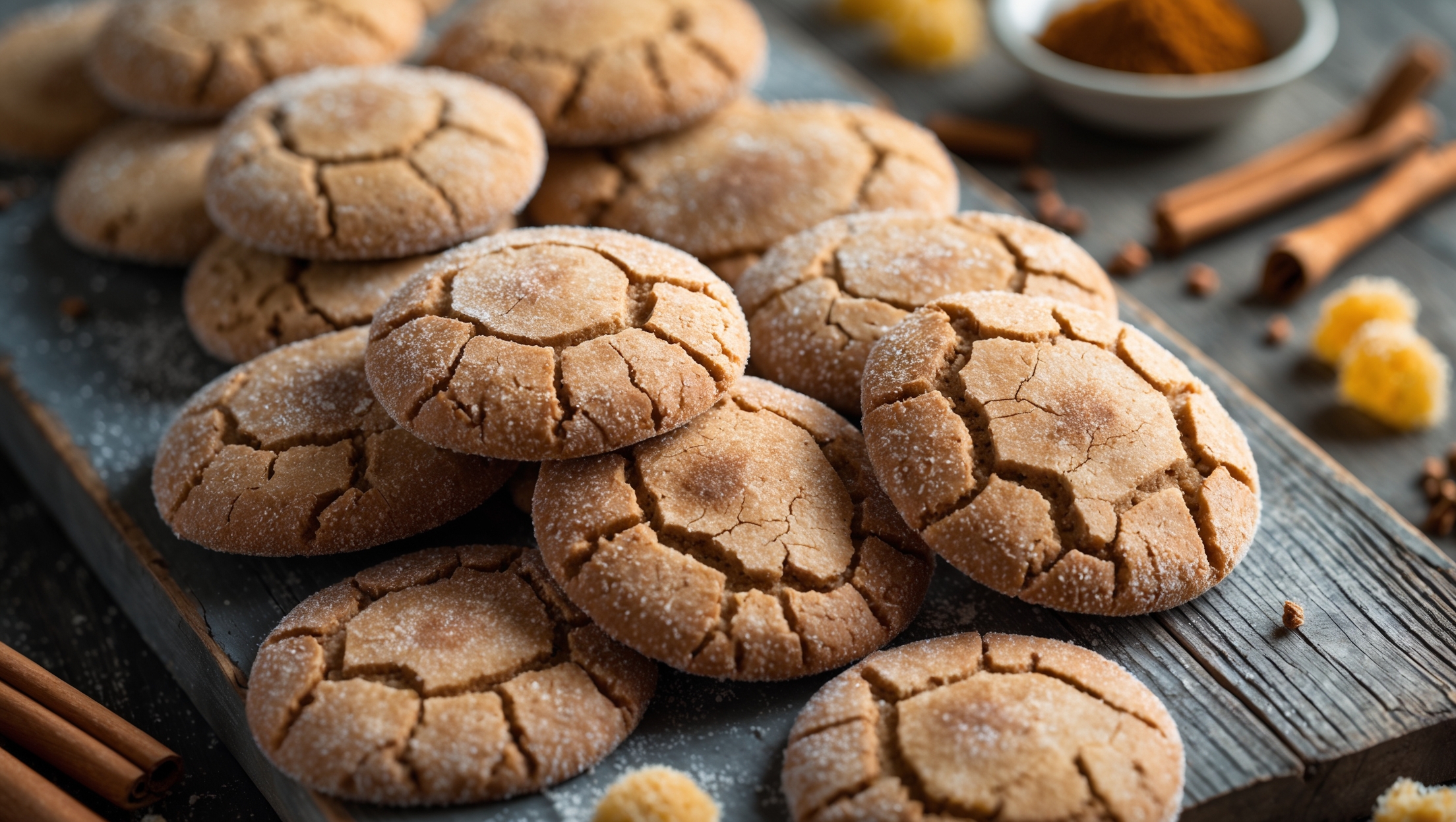 An overhead shot of golden-brown cookies with distinctive crackled surfaces arranged in a rustic pattern on a weathered wooden board. A soft natural light highlights their sugar-dusted tops, revealing the perfect balance of crisp edges and chewy centers. The close-up captures fine cracks in the sugar coating, exposing the rich, spice-flecked interior filled with cinnamon and ginger specks. Several cookies are stacked casually while others lie flat, surrounded by scattered whole cinnamon sticks, crystallized ginger pieces, and a small bowl of warm spices in the background, evoking a cozy autumn bakery setting.