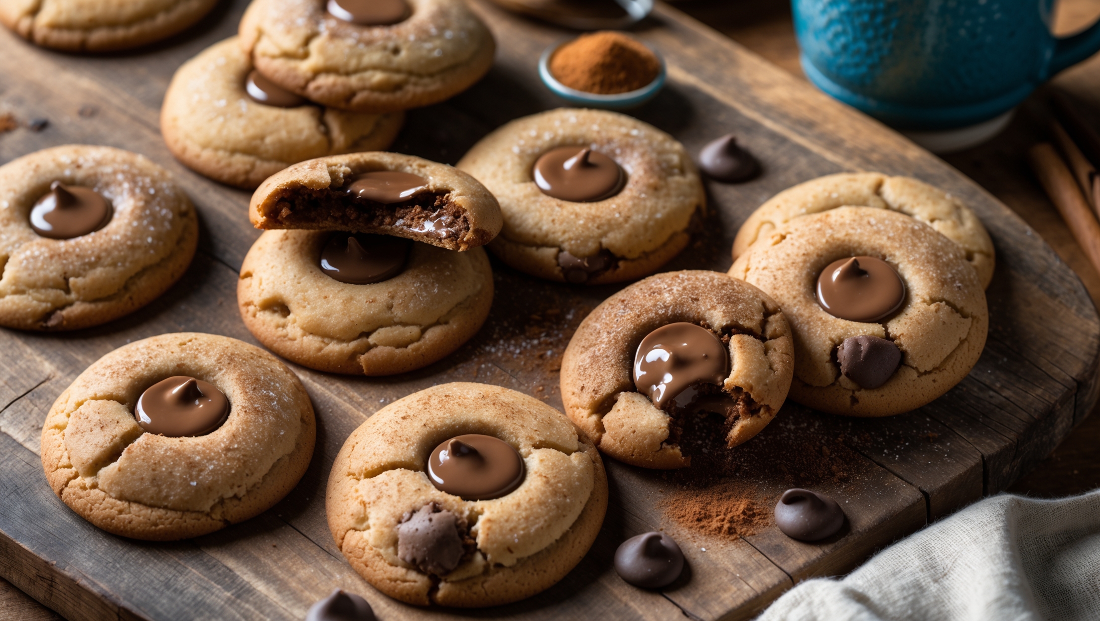 An overhead shot captures a rustic wooden board where freshly baked cinnamon chocolate chip cookies are arranged in casual clusters, with a few strategically broken to reveal their gooey chocolate center. Soft natural light casts gentle shadows, highlighting the cookies' textured tops with their craggy edges and visible specks of cinnamon. A dusting of cinnamon and sugar sparkles on the golden-brown surfaces, while melted chocolate chips create glossy pools. In the background, a vintage blue ceramic mug of milk and a small bowl of ground cinnamon add context and color contrast, while a linen napkin with subtle texture frames the corner of the composition.