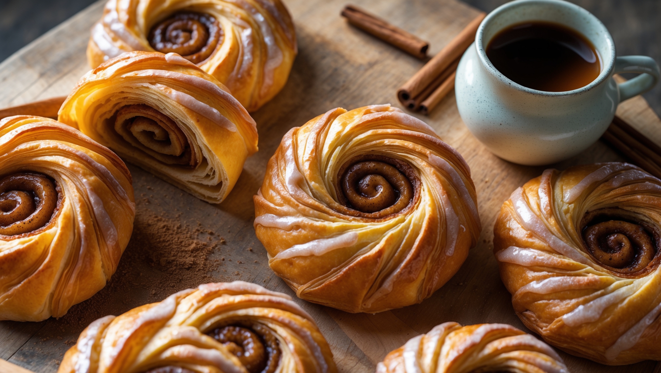 An overhead shot showcases a rustic wooden board with golden-brown Danish pastries arranged in a casual pattern, their swirled centers revealing glossy cinnamon filling. A cross-section view highlights the dozens of delicate, flaky layers created through lamination, while a close-up captures the shimmering vanilla glaze drizzled artfully across the tops. Soft morning light streams across the scene, illuminating the caramelized edges and dusting of cinnamon. A small ceramic pot of coffee and a scattered handful of cinnamon sticks complete the composition, emphasizing the warm, inviting nature of these freshly baked Danish pastries.
