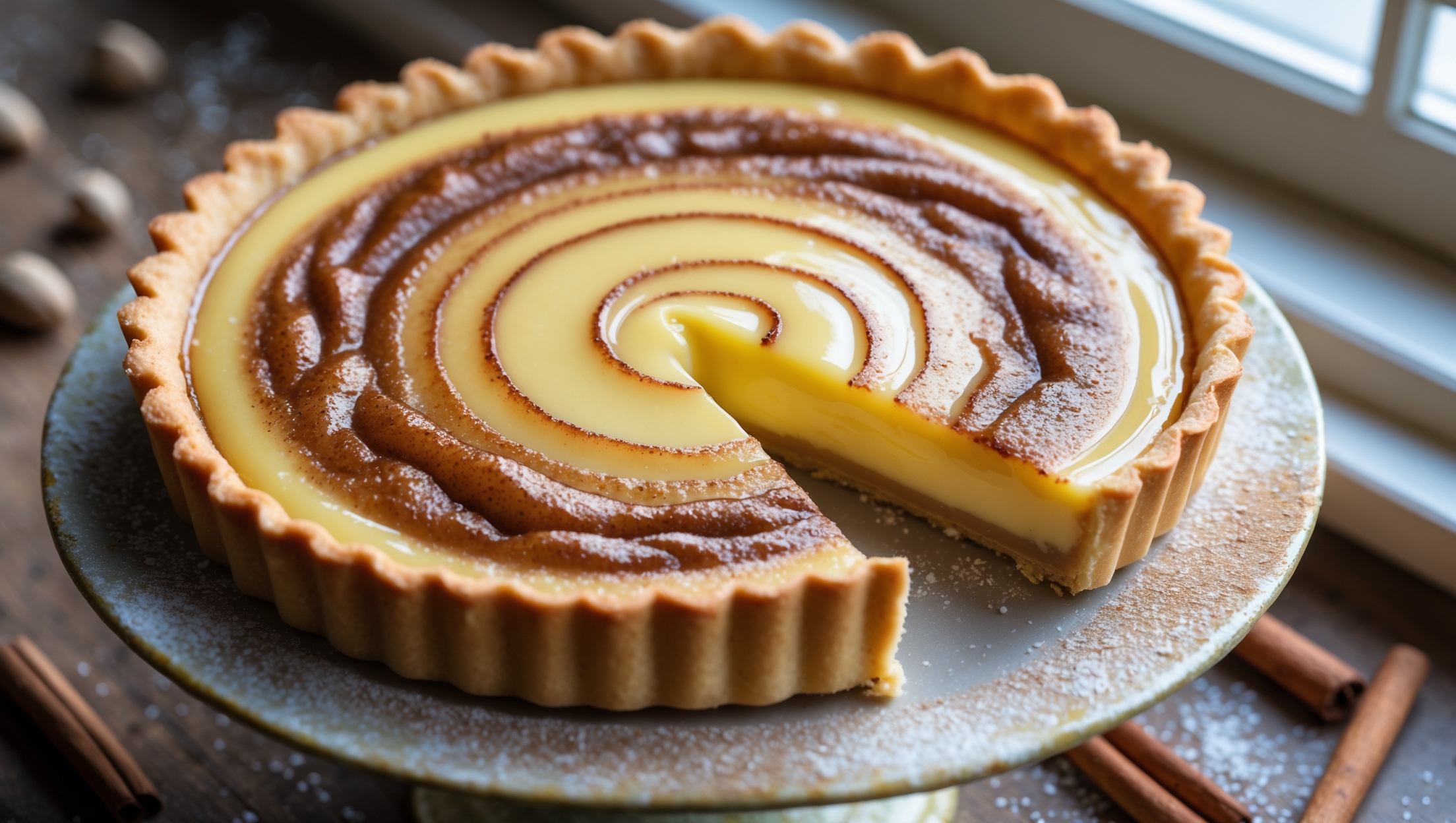 An overhead shot of a golden-brown Cinnamon Custard Tart with a perfectly crimped edge, its surface displaying a delicate caramelization with distinctive cinnamon swirls. A cross-section reveals the silky, pale yellow custard layer nestled within the crisp pastry. Soft natural light streams through a nearby window, highlighting the glossy surface and flaky crust texture. The tart rests on a vintage ceramic stand surrounded by scattered cinnamon sticks, fresh nutmeg, and a light dusting of powdered sugar. A single slice has been removed, showing the clean, precise cut through the wobbly custard filling.