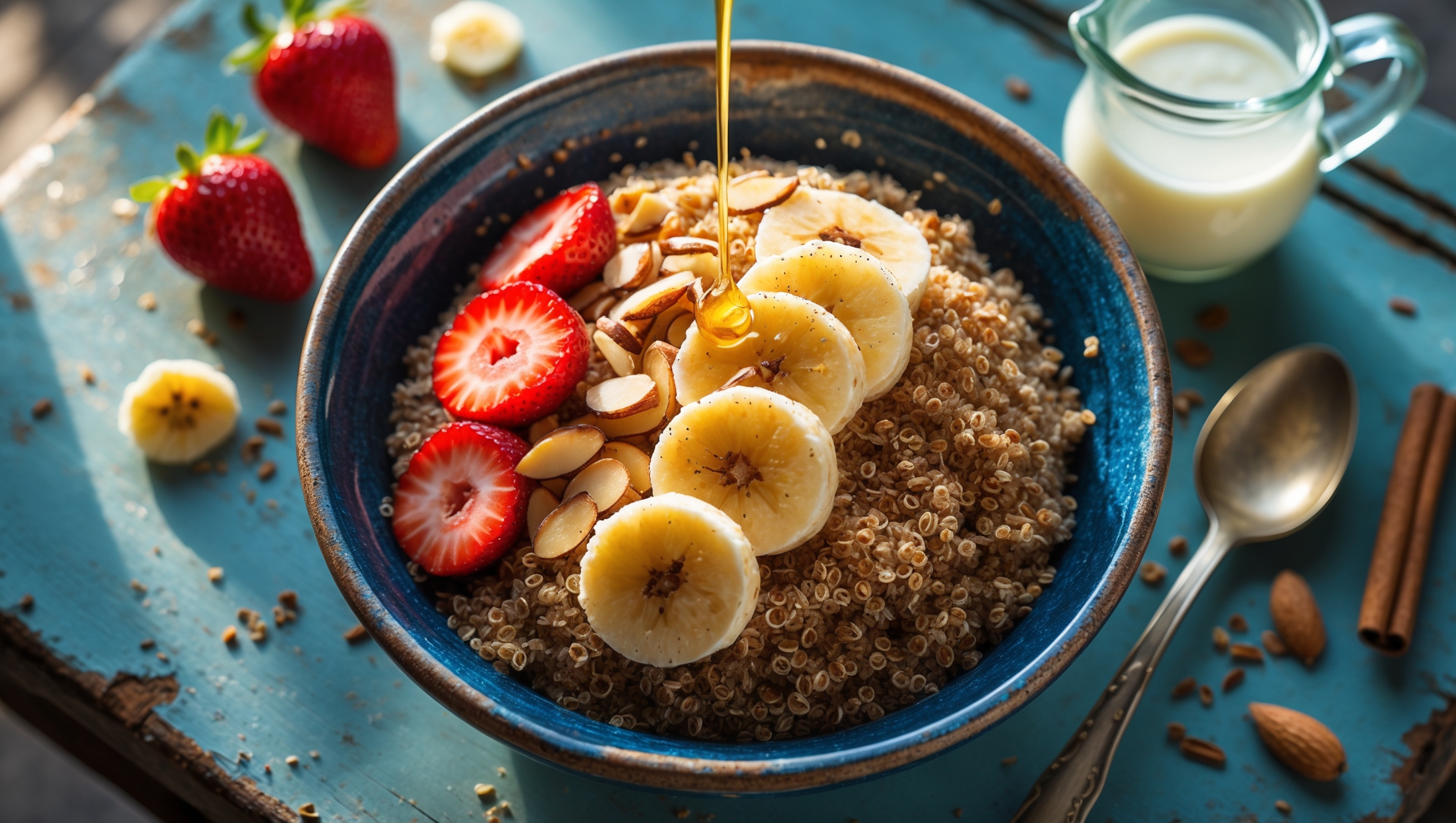 An overhead shot of a rustic ceramic bowl filled with steaming cinnamon-speckled quinoa, displaying its fluffy texture against the deep blue pottery. Soft morning light streams across the scene, highlighting colorful toppings arranged in sections – vibrant red strawberry slices, caramelized banana rounds, and a scattering of toasted slivered almonds. A drizzle of golden honey catches the light as it cascades down the side of the quinoa mountain. The breakfast bowl sits on a weathered wooden table alongside a vintage spoon, with a small glass pitcher of milk and scattered cinnamon sticks providing context and depth to the composition.