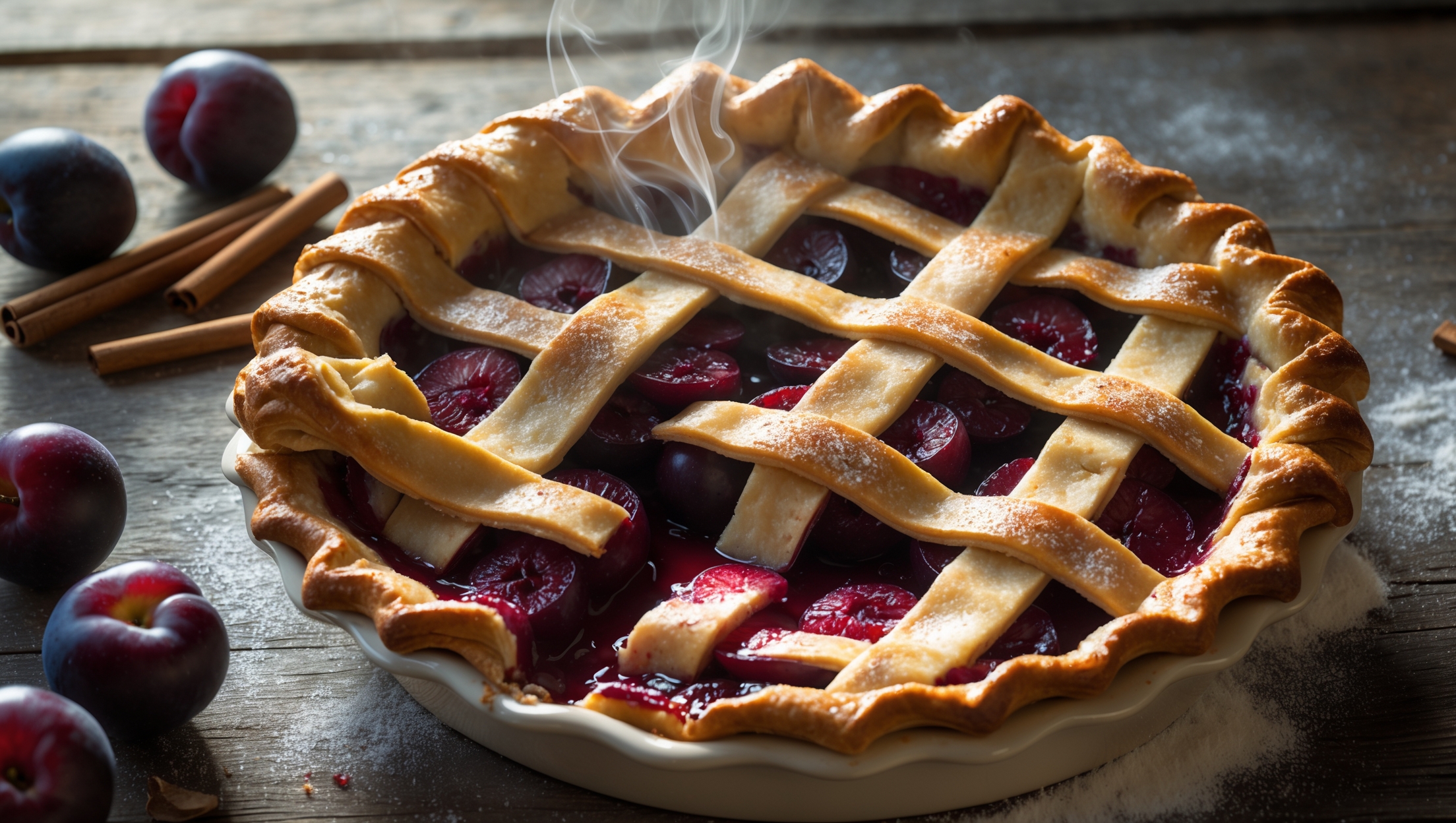 An overhead shot of a golden-brown latticed pie with ruby-red plum filling bubbling through the gaps, set on a vintage ceramic pie dish. Soft natural light catches the sprinkle of demerara sugar crystals atop the pastry, creating tiny sparkles against the burnished crust. In the foreground, a slice has been removed, revealing layers of glossy, jewel-toned plums nested in a cinnamon-speckled filling. The backdrop features scattered fresh plums, cinnamon sticks, and a dusting of flour on a weathered wooden table, suggesting homemade craftsmanship. Steam rises gently from the warm slice, with a small pool of deep crimson juice collecting at its edge.