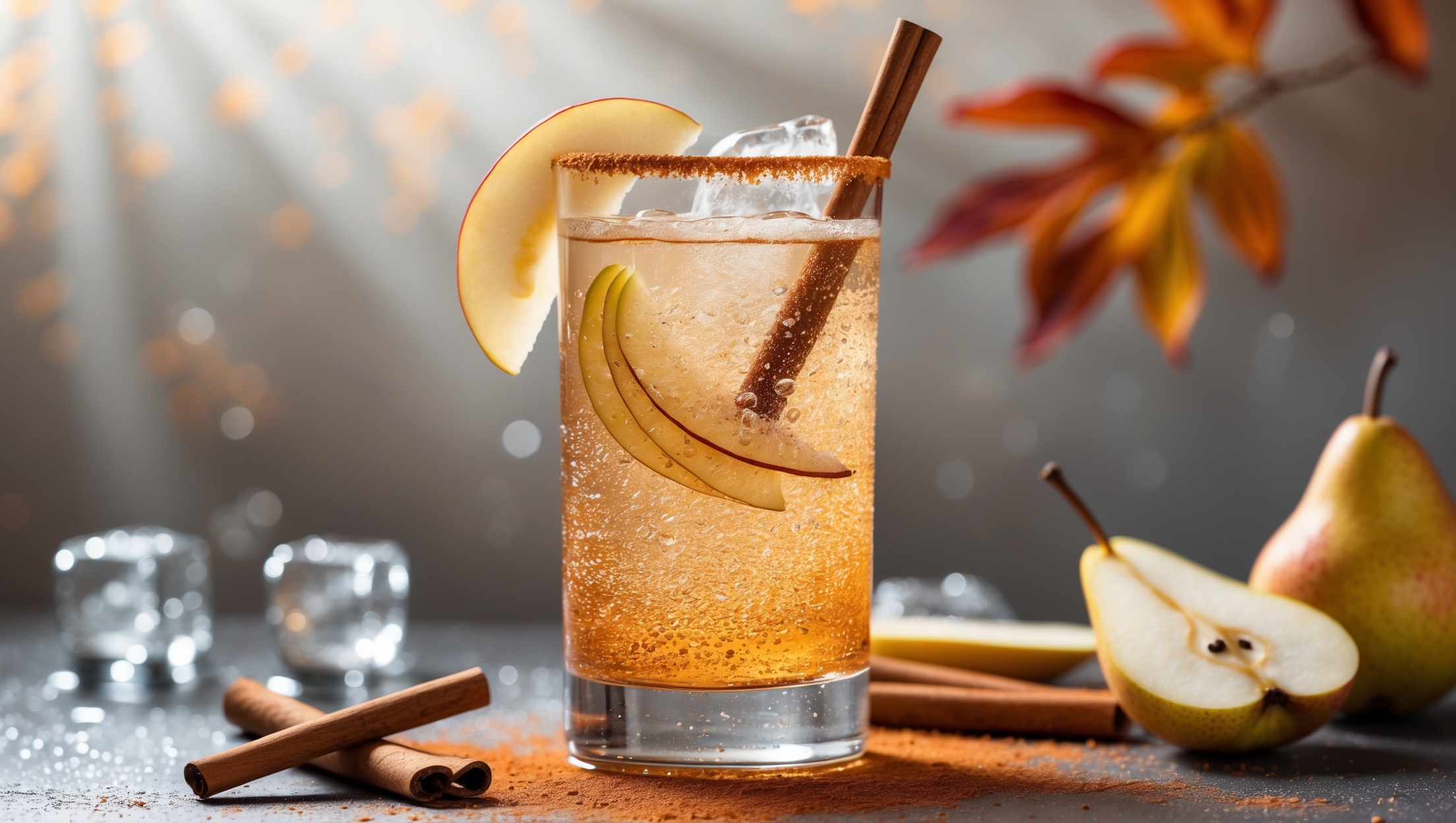 An elegant highball glass filled with the golden-amber Cinnamon Pear Spritzer Mocktail, photographed in soft natural daylight that catches the bubbles rising through the clear liquid. Thin slices of fresh pear fan along the rim while a cinnamon stick stands tall as a stirrer. Ice cubes glisten with condensation against the glass, which is garnished with a light dusting of cinnamon powder across the top. The background features warm autumn tones with scattered cinnamon sticks and pear slices creating a seasonal vignette that emphasizes the drink's fall harvest inspiration.