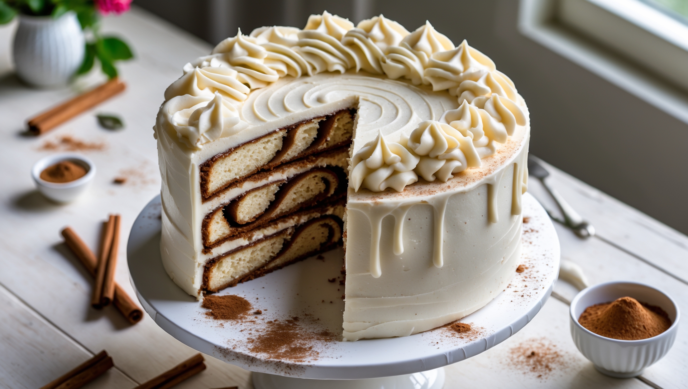 An overhead shot of a three-layer cake with cream cheese frosting swirled decoratively on top, with a slice being removed to reveal the stunning cinnamon swirl pattern between each layer. The cake sits on a white ceramic cake stand against a light wooden table, with soft natural light streaming in from a nearby window. Scattered around the base are cinnamon sticks, a small bowl of ground cinnamon, and a few fresh flowers for color contrast. The cross-section reveals moist vanilla cake layers married with rich brown cinnamon filling that spirals throughout, resembling the interior of a traditional cinnamon roll. The thick cream cheese frosting gleams with a slight sheen, dripping tantalizingly down the sides.
