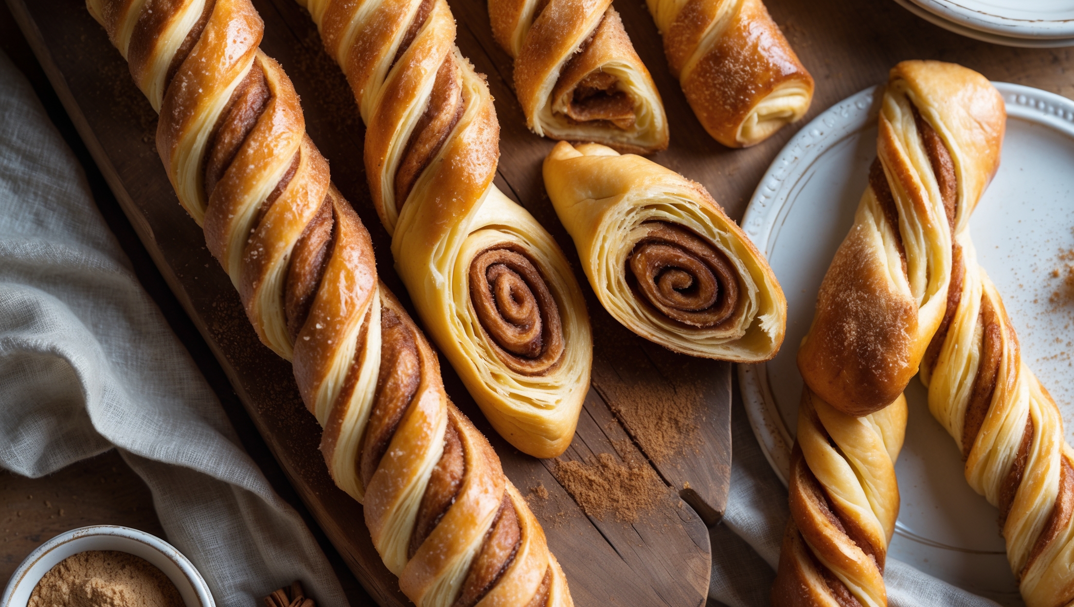 An overhead shot of golden-brown cinnamon twists arranged on a rustic wooden board, with some standing upright to showcase their perfect spiral pattern. Soft natural light highlights the glistening sugar crystals and caramelized edges, while a sprinkle of cinnamon dust creates an artful contrast against the white ceramic plate in the background. A cross-section view reveals the delicate, flaky layers within each twist, with swirls of cinnamon filling creating a mesmerizing pattern. A small bowl of extra cinnamon sugar and a vintage linen napkin complete the cozy, bakery-fresh scene.