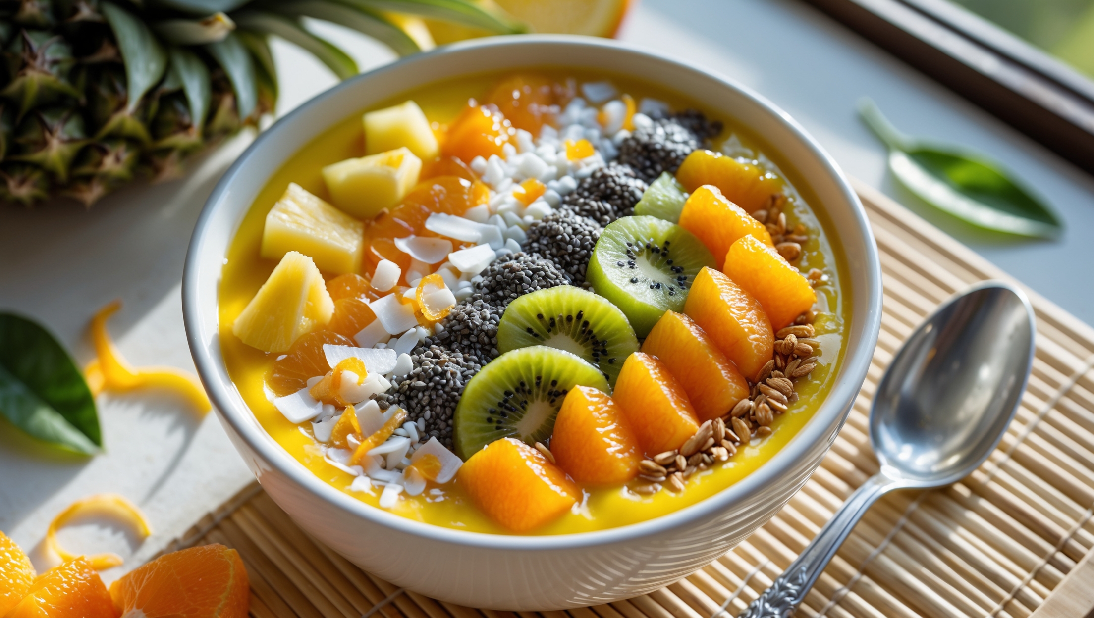 An overhead shot of a bright yellow-orange smoothie bowl served in a white ceramic bowl, its thick, creamy texture holding decorative toppings arranged in colorful sections. Fresh pineapple chunks, mandarin segments, and kiwi slices create a vibrant pattern, while a sprinkle of chia seeds, coconut flakes and crunchy granola add texture. A drizzle of honey catches the soft morning light streaming through a nearby window, making the bowl glisten. The smoothie bowl sits on a light bamboo placemat with a vintage silver spoon beside it, surrounded by scattered citrus zest and pineapple leaves that hint at the tropical flavors within.