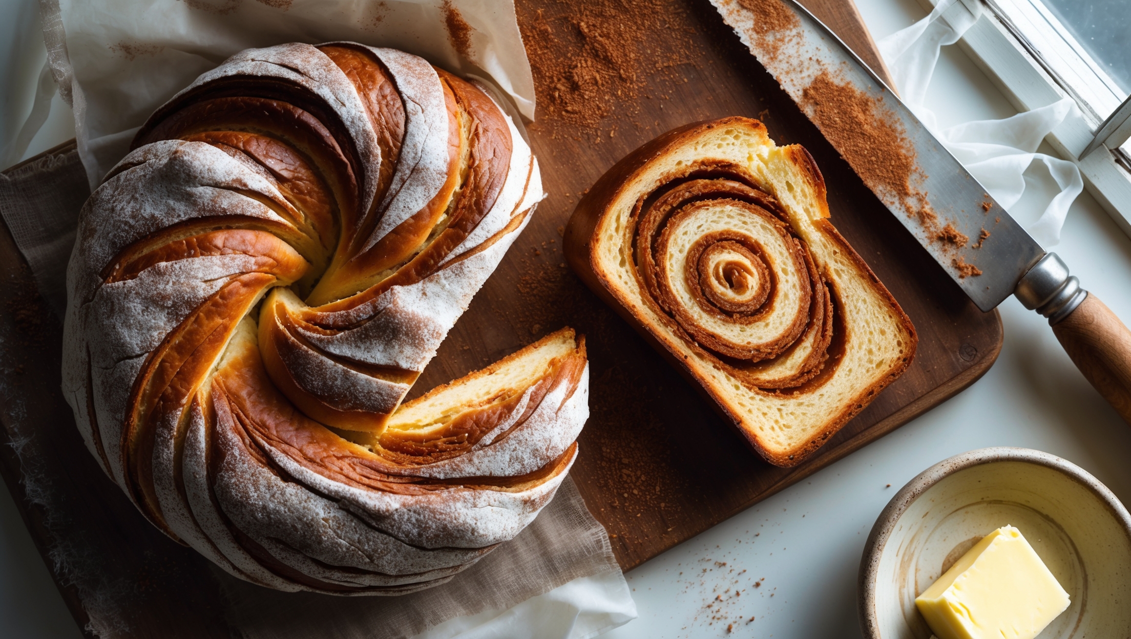 An overhead shot reveals a perfectly domed cinnamon swirl bread with a golden-brown crust, alongside a cross-section slice displaying mesmerizing amber spirals against a pillowy white backdrop. Soft natural light streams through a nearby window, highlighting the bread's delicate, feathery texture and glistening sugar crystals embedded within each swirl. The loaf rests on a distressed wooden cutting board, accompanied by a vintage butter knife and small ceramic dish of softened butter. A light dusting of cinnamon and scattered sugar granules surrounds the display, while wisps of steam suggest the bread was freshly sliced, releasing its intoxicating aroma of warm spices and caramelized sugar.