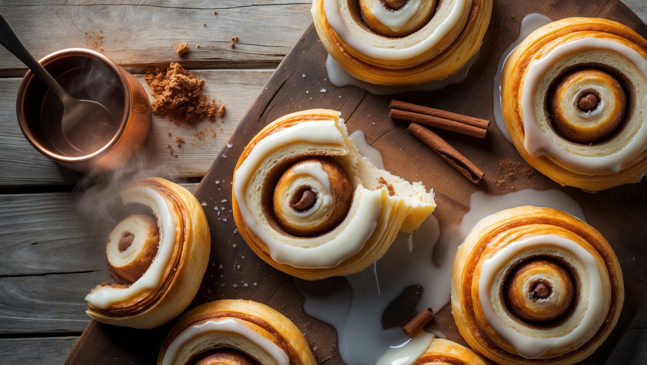 An overhead shot of golden-brown cinnamon swirl Danish pastries arranged on a rustic wooden board, with one Danish pulled slightly away revealing its perfectly laminated layers and cinnamon-sugar spiral. Soft natural morning light highlights the glistening vanilla glaze drizzled across the top, with tiny specks of vanilla bean visible in the icing. A small copper pot of cinnamon sticks and a scattered dusting of ground cinnamon add rich color contrast against the cream-colored pastry. Steam gently rises from a freshly-cut Danish, showcasing the delicate, airy interior structure created through careful lamination.