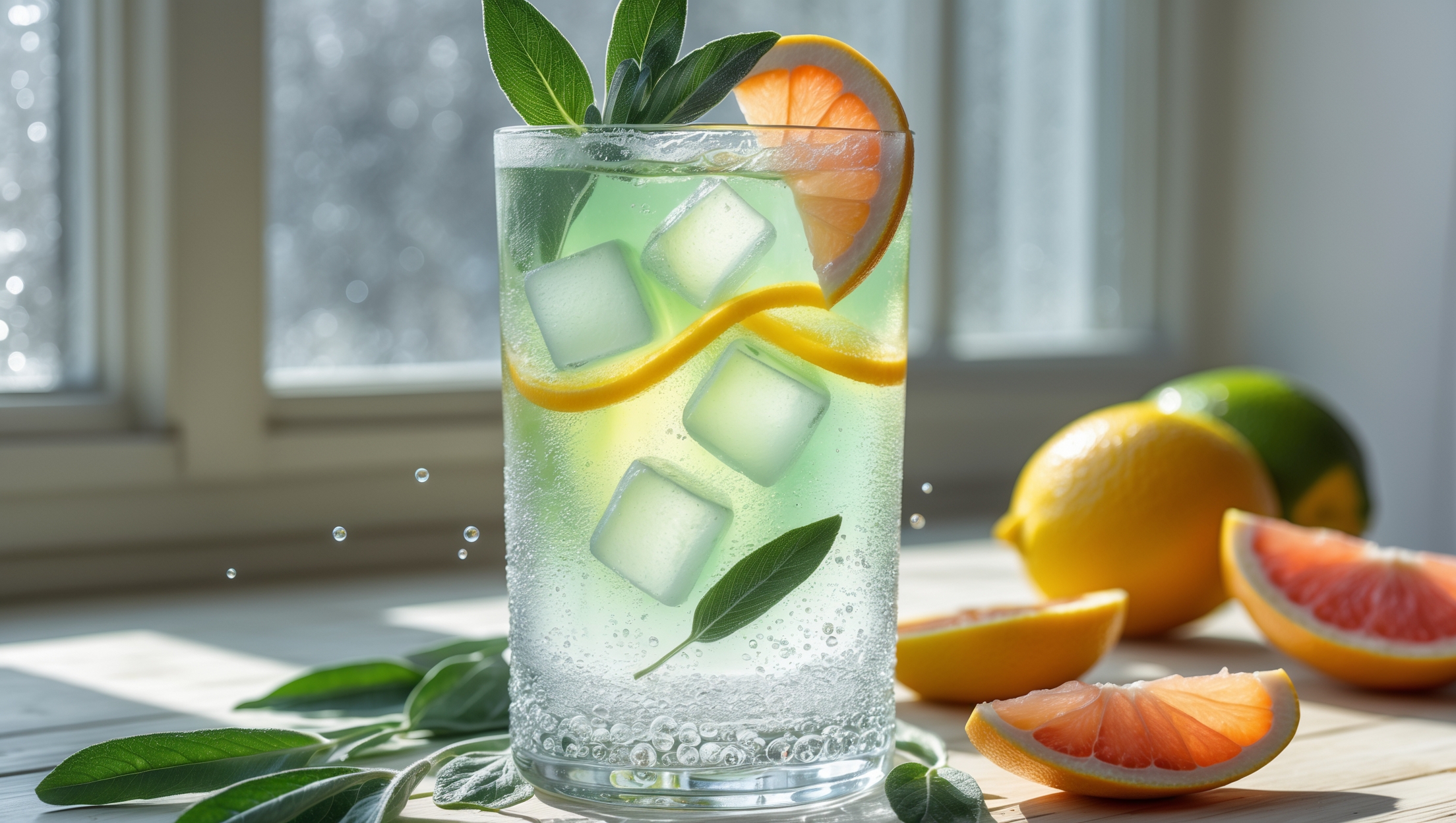 A crystal highball glass stands tall against natural window light, showcasing layers of pale yellow and green hues from fresh citrus juices. Ice cubes shimmer as bubbles rise through the tonic water, creating a dynamic movement. A fragrant sage sprig and a thin slice of grapefruit rest on the rim, while condensation beads on the outside of the glass suggest refreshing coolness. The drink sits on a light wooden table with scattered fresh sage leaves, grapefruit wedges, and lemons creating a vibrant, citrus-forward scene that highlights the mocktail's botanical nature.