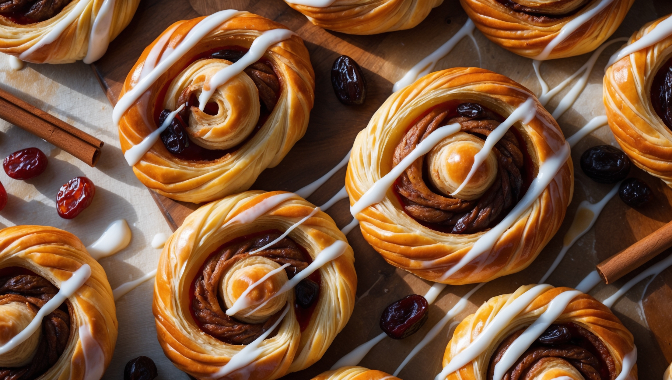 An overhead shot of golden-brown Cinnamon Raisin Danish pastries arranged on a rustic wooden board, their spiral shapes revealing swirls of cinnamon-speckled filling studded with plump raisins. A close-up shows the flaky, laminated layers with a cross-section exposing the soft, pillowy interior. Soft morning light catches the glistening vanilla glaze drizzled artfully across the tops, with a few scattered raisins and cinnamon sticks strategically placed alongside. The contrast between the amber-colored pastry, dark raisin filling, and white glaze creates visual depth, while wisps of steam suggest they're freshly baked.