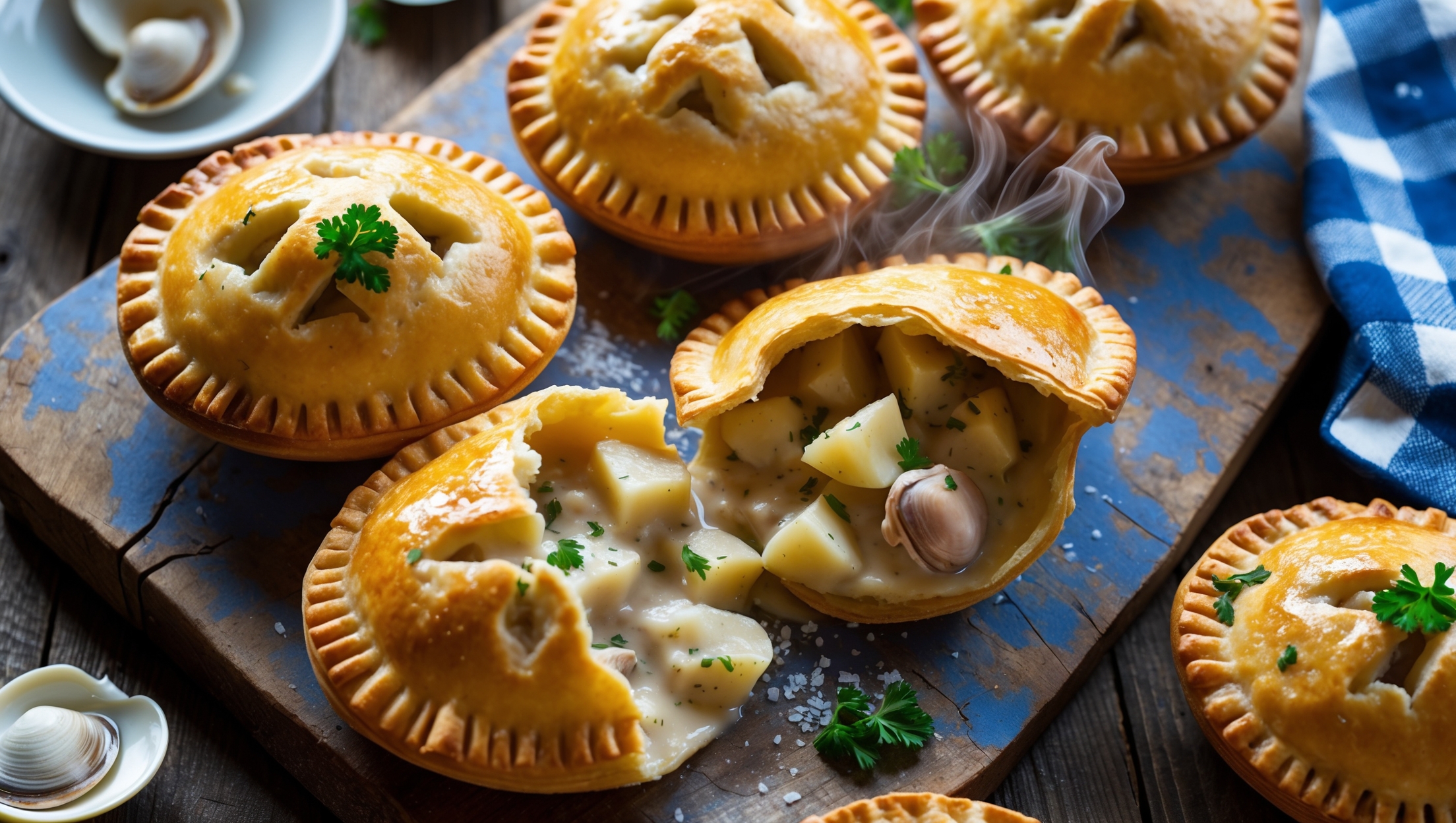 An overhead shot of golden-brown hand pies arranged on a weathered wooden board, with one pie broken open to reveal the creamy clam chowder filling studded with tender clams, diced potatoes, and herbs. The flaky, butter-layered pastry creates visible ripples across the surface, enhanced by a gentle egg wash shine under soft natural light. Steam gently rises from the freshly baked pie, with a sprinkle of fresh parsley and sea salt catching the light. In the background, a small bowl of extra chowder and some fresh clam shells create context, while a checkered blue napkin adds nautical charm to this seaside-inspired comfort food.