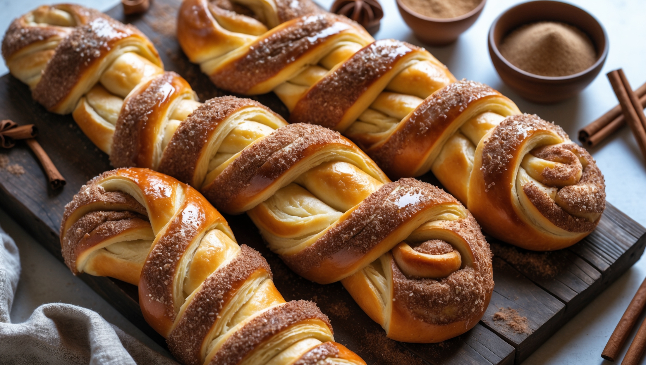 An overhead shot of golden-brown twisted pretzel-shaped Danish pastries arranged on a rustic wooden board. Natural morning light highlights the crystallized cinnamon sugar coating that glistens like tiny jewels across the surface. A cross-section view reveals the tender, bread-like interior with pockets of cream cheese filling peeking through the braided layers. Some pastries have decorative cinnamon sugar streaks while others showcase a light vanilla glaze drizzled in delicate patterns. In the background, a small bowl of additional cinnamon sugar and a scattered arrangement of cinnamon sticks create context and depth, while a linen napkin adds a homey touch to this indulgent breakfast creation.