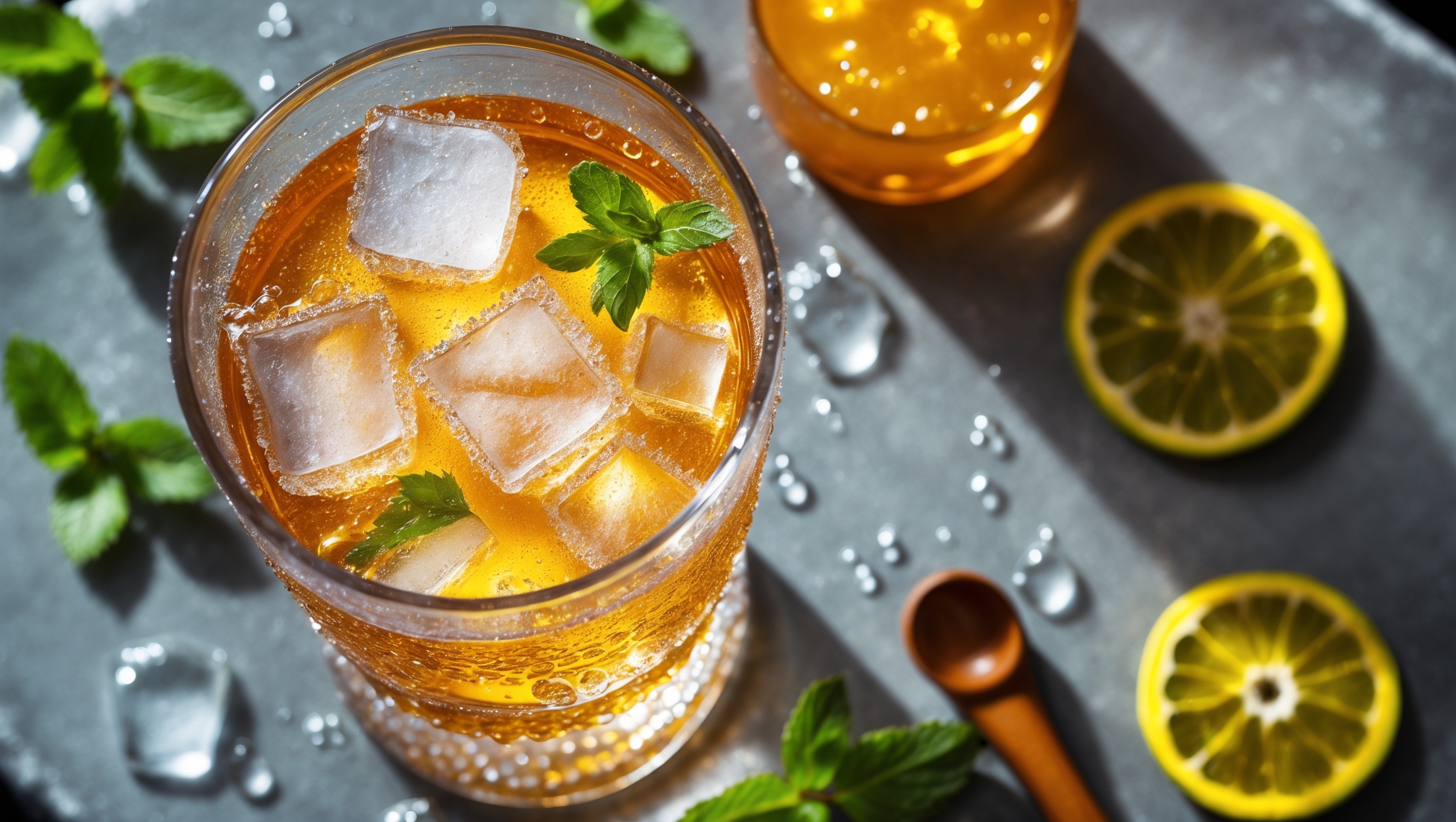 An overhead shot of a crystal highball glass filled with a sparkling golden-amber liquid, ice cubes catching the soft natural light and creating a prism effect. A cross-section view reveals layers of settling bubbles rising through the translucent drink. The glass sits on a polished stone surface beside scattered fresh mint leaves and thin slices of vibrant yellow yuja citron. Droplets of condensation cling to the outside of the glass, suggesting refreshing coolness. A wooden stirrer and a small jar of yuja marmalade sit nearby, hinting at the drink's preparation. The color contrast between the bright citrus, deep green herbs, and amber liquid creates a visually striking composition that emphasizes the drink's refreshing nature.