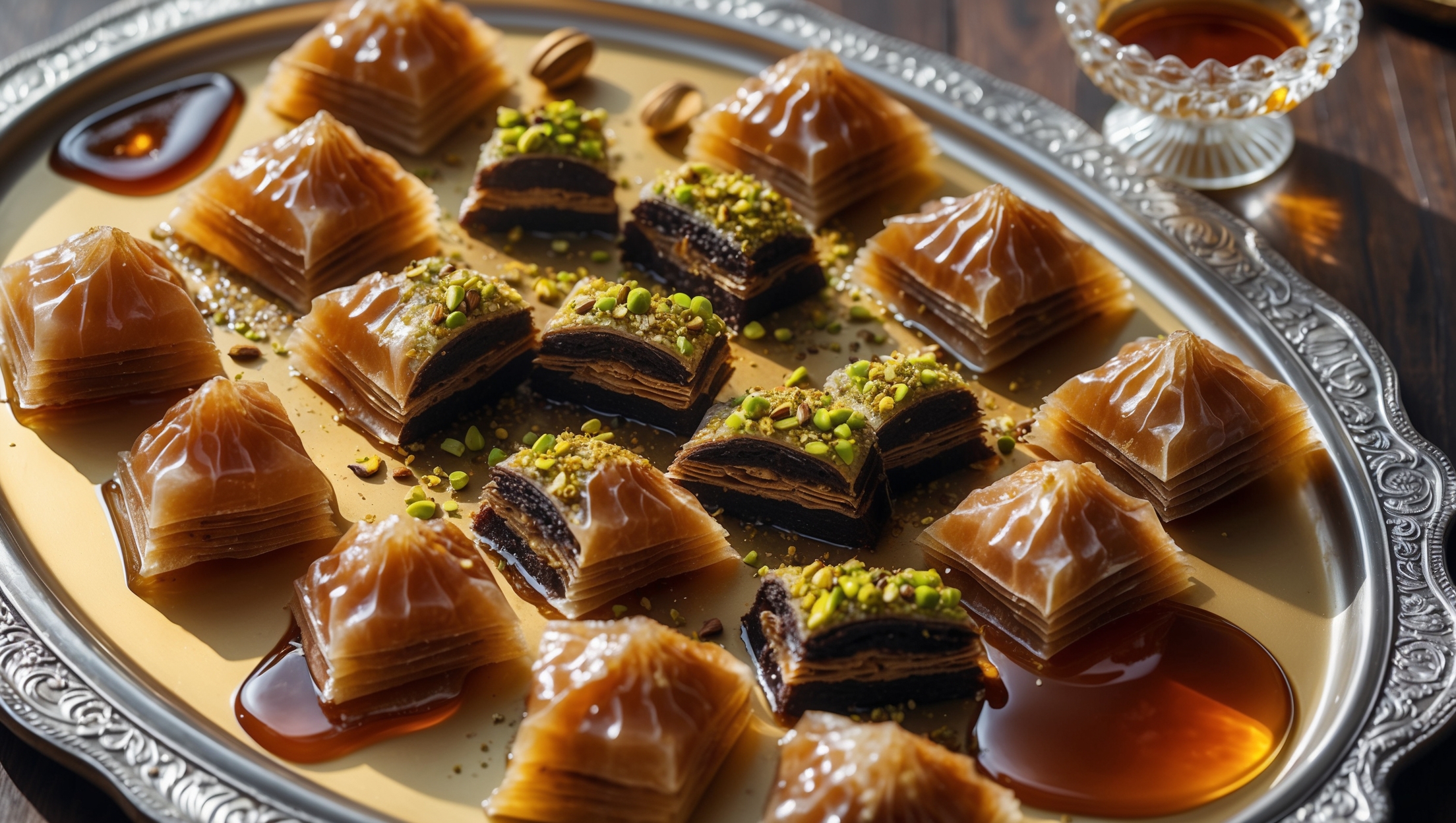 An overhead shot of diamond-shaped baklava pieces arranged on an ornate silver platter, glistening with honey syrup that pools slightly at the edges. Soft natural light highlights the multiple golden-brown layers of phyllo pastry visible in the cross-section, contrasting beautifully with the dense, dark walnut filling. A scattering of crushed pistachios adds vibrant green accents atop the amber-hued dessert, while a small crystal bowl of additional honey sits nearby with a drizzle spilling artfully over its edge. The scene is completed with a decorative Turkish coffee set in the background, hinting at the dessert's Middle Eastern heritage.