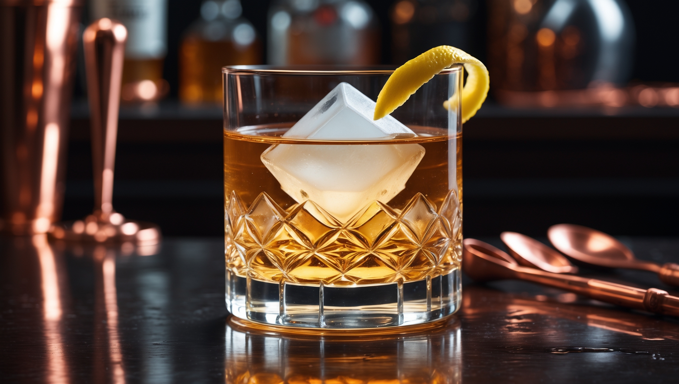 A crystal-clear golden liquid fills a vintage rocks glass with a single oversized ice cube, its transparency belying the cocktail's rich complexity. Shot in dramatic low lighting that catches the prismatic edges of the glass, highlighting the remarkable clarity achieved through milk clarification. A delicate lemon twist rests on the rim, its oils creating subtle ripples across the surface. The setting suggests a sophisticated speakeasy with dark wood surfaces reflecting warm amber tones through the translucent cocktail, emphasizing its jewel-like quality against copper bar tools placed artfully in the background.