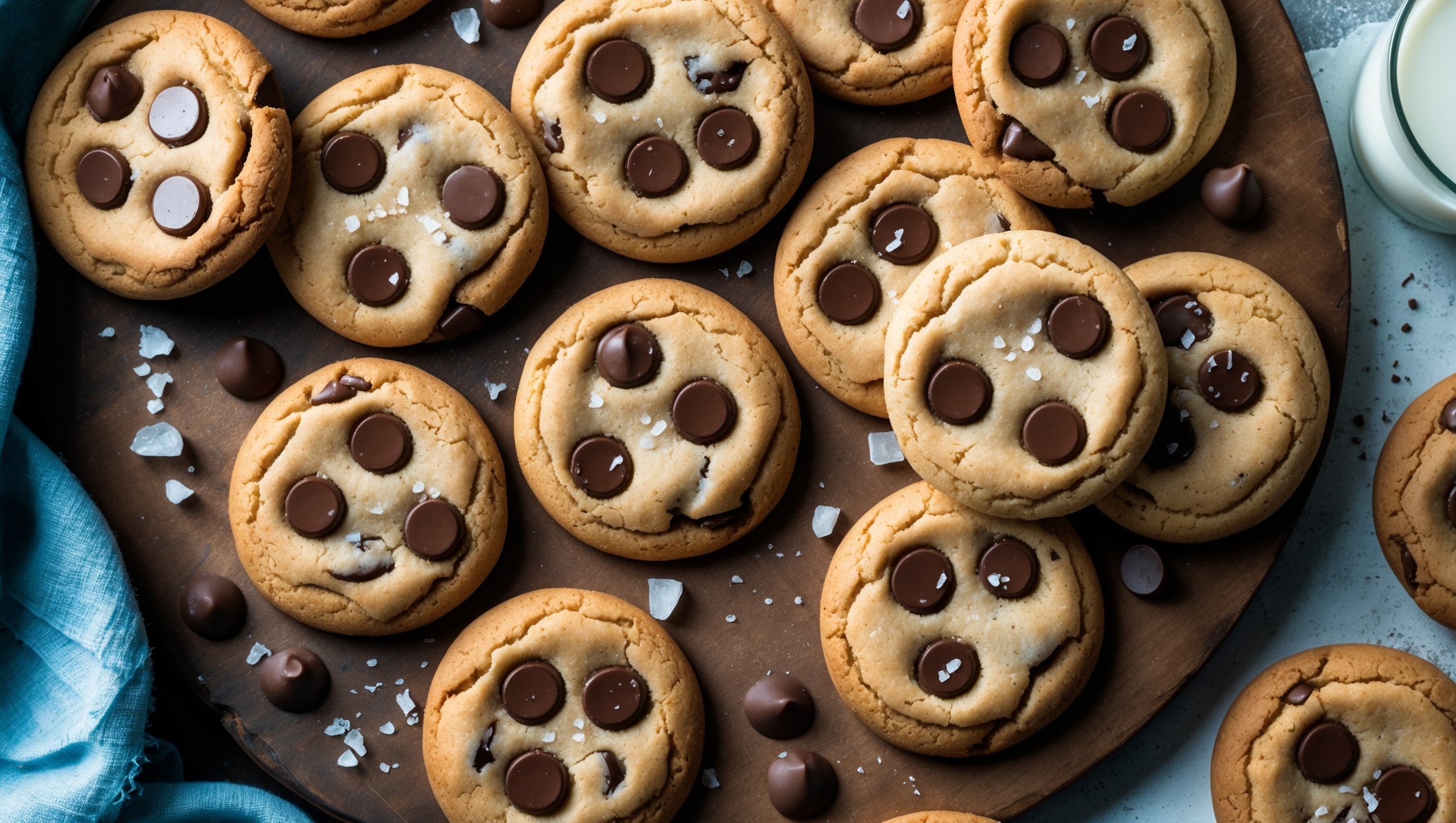 An overhead shot captures a dozen freshly-baked chocolate chip cookies arranged in a casual scatter on a rustic wooden board, with a few stacked to showcase their perfect thickness. The cookies have golden, slightly crisp edges with visibly soft centers, and generous puddles of melted chocolate chunks peek through the crackled tops. Shot in warm natural light that highlights the textural contrast between the crisp exterior and chewy interior, with a vintage blue linen napkin and glass of milk partially visible in the corner. A light dusting of sea salt crystals catches the light on select cookies, while a few stray chocolate chips and a small bowl of flaky salt sit nearby, suggesting homemade care and attention to detail.