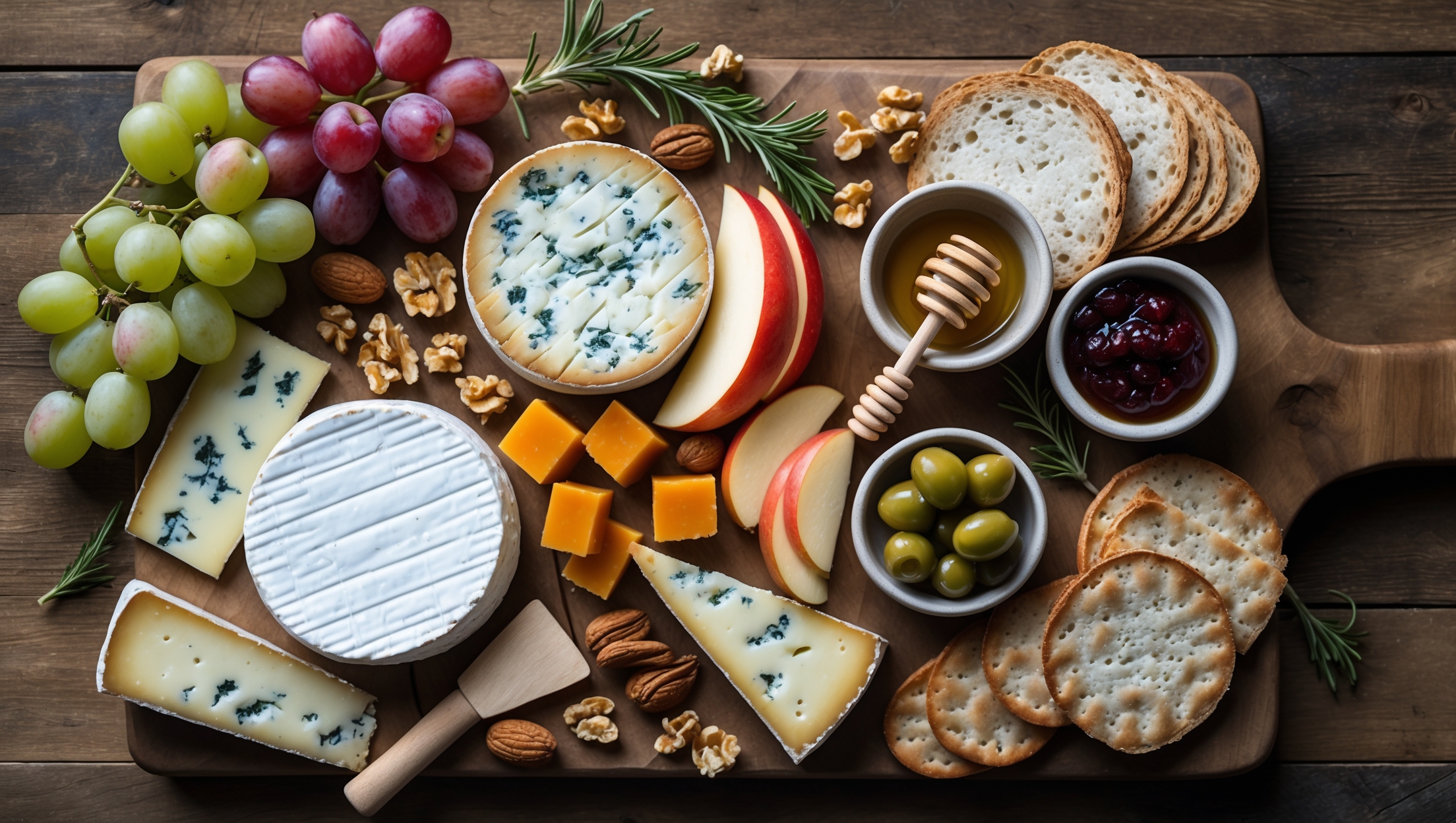 An overhead shot of a rustic wooden cheese board bathed in soft natural light, featuring an artful arrangement of diverse cheeses—creamy brie with its characteristic white rind, aged cheddar cubes with their deep amber hue, blue cheese crumbles, and a wedge of firm gouda. Surrounding the cheeses are clusters of red and green grapes, slices of crisp apples, scattered walnuts and almonds, a small pot of golden honey with a wooden dipper, and thin slices of crusty artisan bread and gourmet crackers. A small bunch of fresh rosemary and a few edible flowers add color contrast while small ceramic ramekins hold olives and fig jam. The composition shows thoughtful spacing between elements, creating an inviting display that highlights each component's unique texture and color.