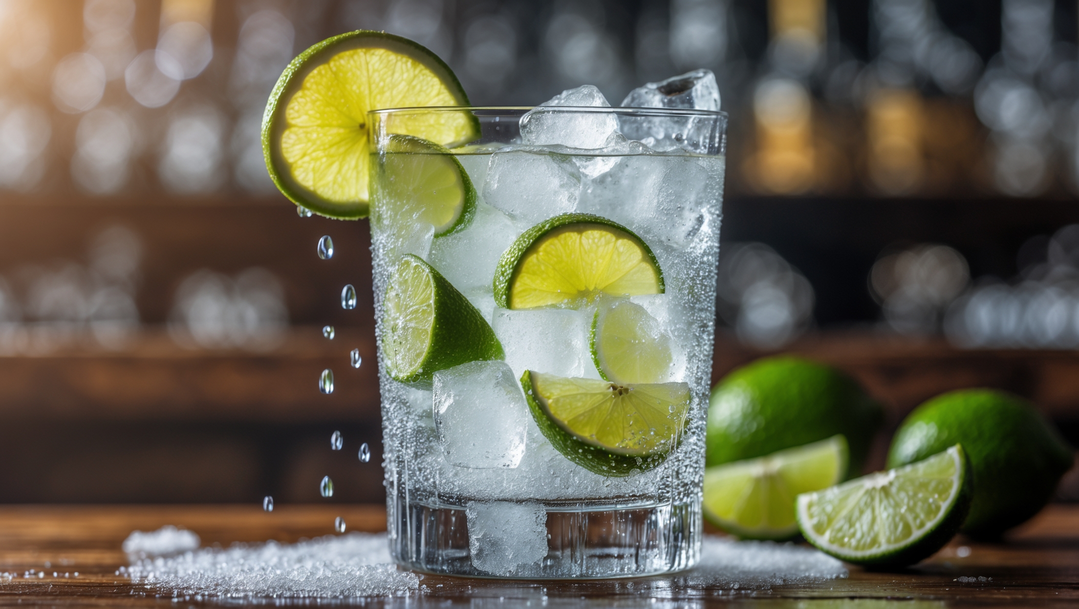 A frosty tumbler showcases the Caipirinha's crystalline appearance, with chunky ice cubes revealing muddled lime segments suspended throughout. The clear cachaça catches the warm light, creating a subtle shimmer against the vibrant green lime wedges adorning the rim. Condensation beads dramatically down the glass, suggesting the drink's refreshing chill. A rustic wooden bar counter provides textural contrast to the sleek glassware, while a shallow depth of field places the cocktail in sharp focus against a softly blurred backdrop of scattered sugar granules and fresh limes, emphasizing the cocktail's key ingredients.