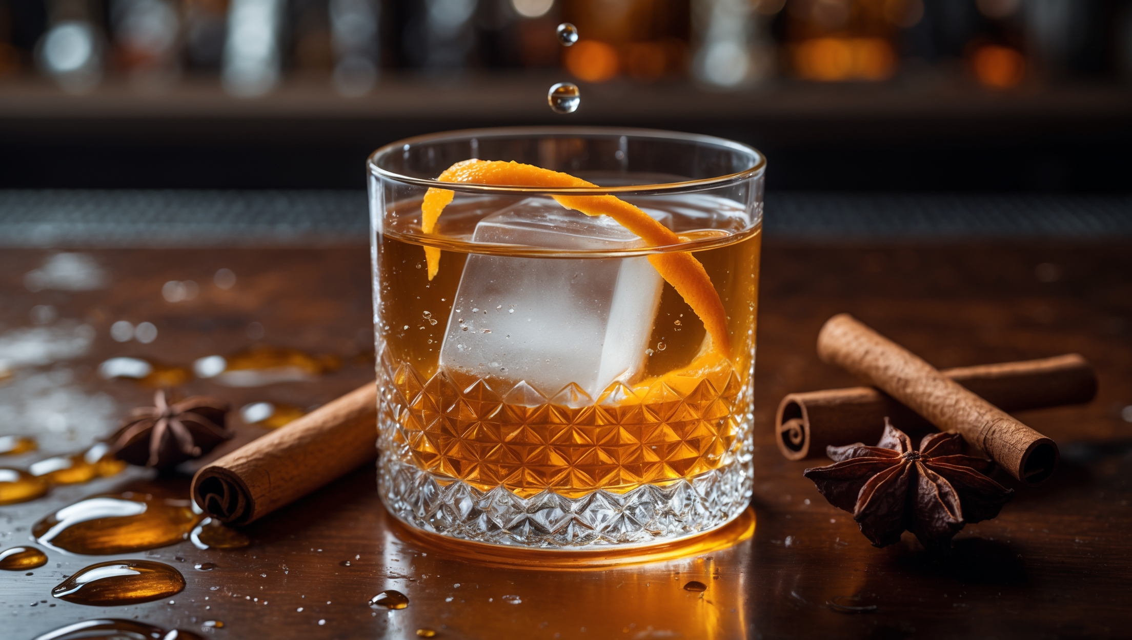 A perfectly crystal-clear cocktail in a vintage Nick & Nora glass, displaying remarkable transparency that defies its rich flavor profile. Golden-amber liquid catches the light dramatically against a dark wooden bar top, with delicate drops of condensation forming on the glass. A thin twist of orange peel floats on the surface, releasing essential oils that create subtle prismatic effects. The drink's remarkable clarity showcases a single large ice cube with jewel-like perfection, while cinnamon sticks and star anise rest nearby, hinting at the complex spices within. A warm, ambient bar glow illuminates the cocktail from behind, emphasizing its transformation from cloudy mixture to pristine clarity.