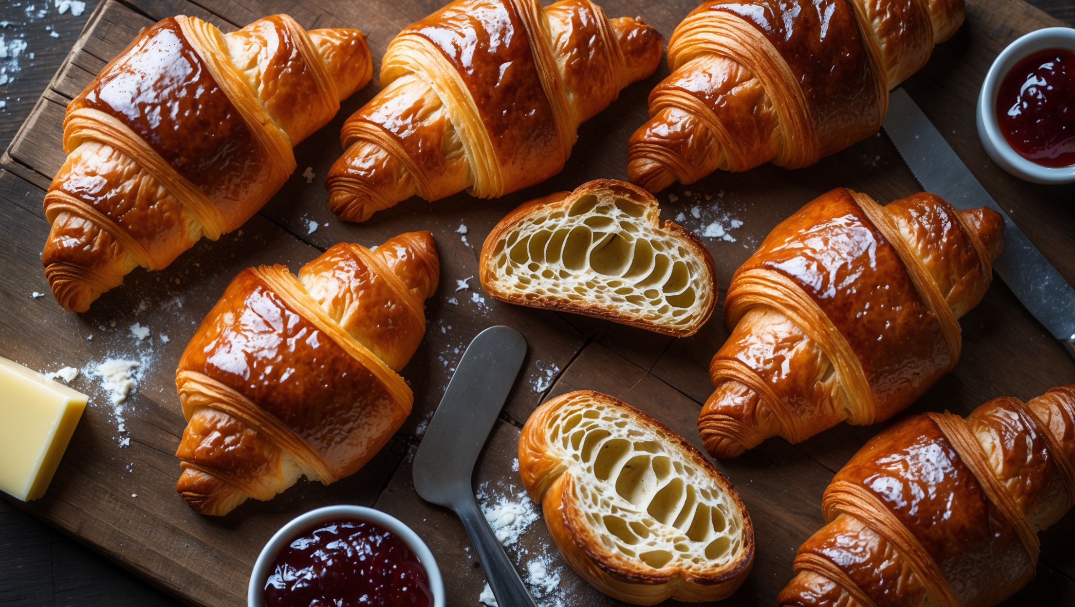 An overhead shot of freshly baked croissants arranged on a rustic wooden board, their golden-brown exteriors glistening in soft morning light. A cross-section view reveals the distinctive honeycomb structure of perfectly laminated dough, with delicate, airy pockets separated by paper-thin layers. Scattered flour and a few butter flakes on the wooden surface hint at the intensive process, while steam rises gently from a just-broken pastry. The contrast between the crisp, deeply caramelized exterior and the tender, slightly chewy interior is evident, with a butter knife and small pot of jam positioned nearby, suggesting the perfect breakfast moment.