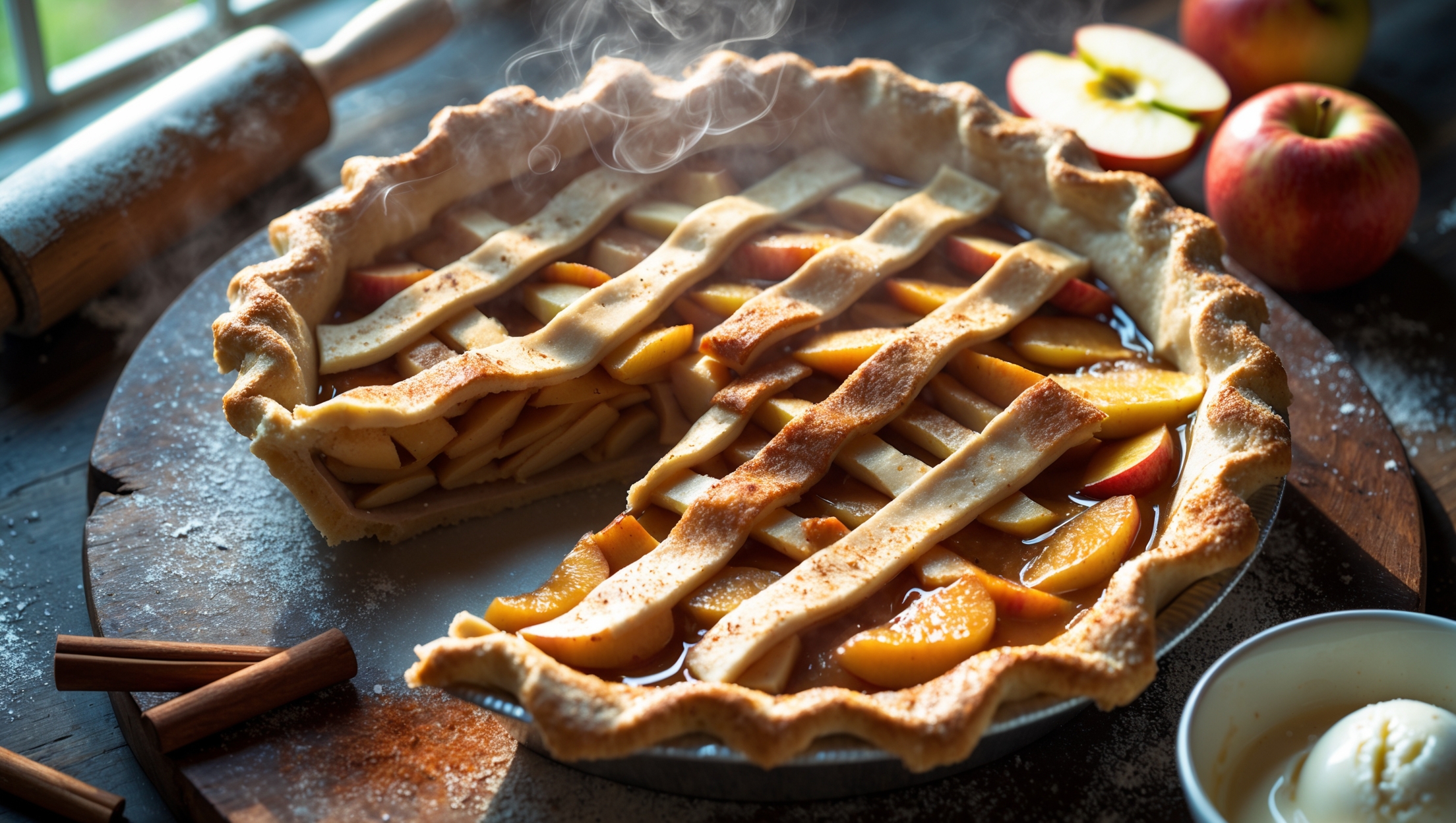 An overhead shot of a golden-brown apple pie with a lattice crust, steam gently rising from slits in the pastry. The crust has a rustic, slightly uneven edge with sparkling sugar crystals catching the soft natural light streaming through a kitchen window. One slice has been removed, revealing layers of tender apple slices bathed in a thick, amber caramel sauce speckled with cinnamon. The pie sits on a weathered wooden board with scattered cinnamon sticks, apple slices, and a small bowl of vanilla ice cream slowly melting beside it. A dusting of flour and a vintage rolling pin are visible in the background, suggesting homemade craftsmanship.