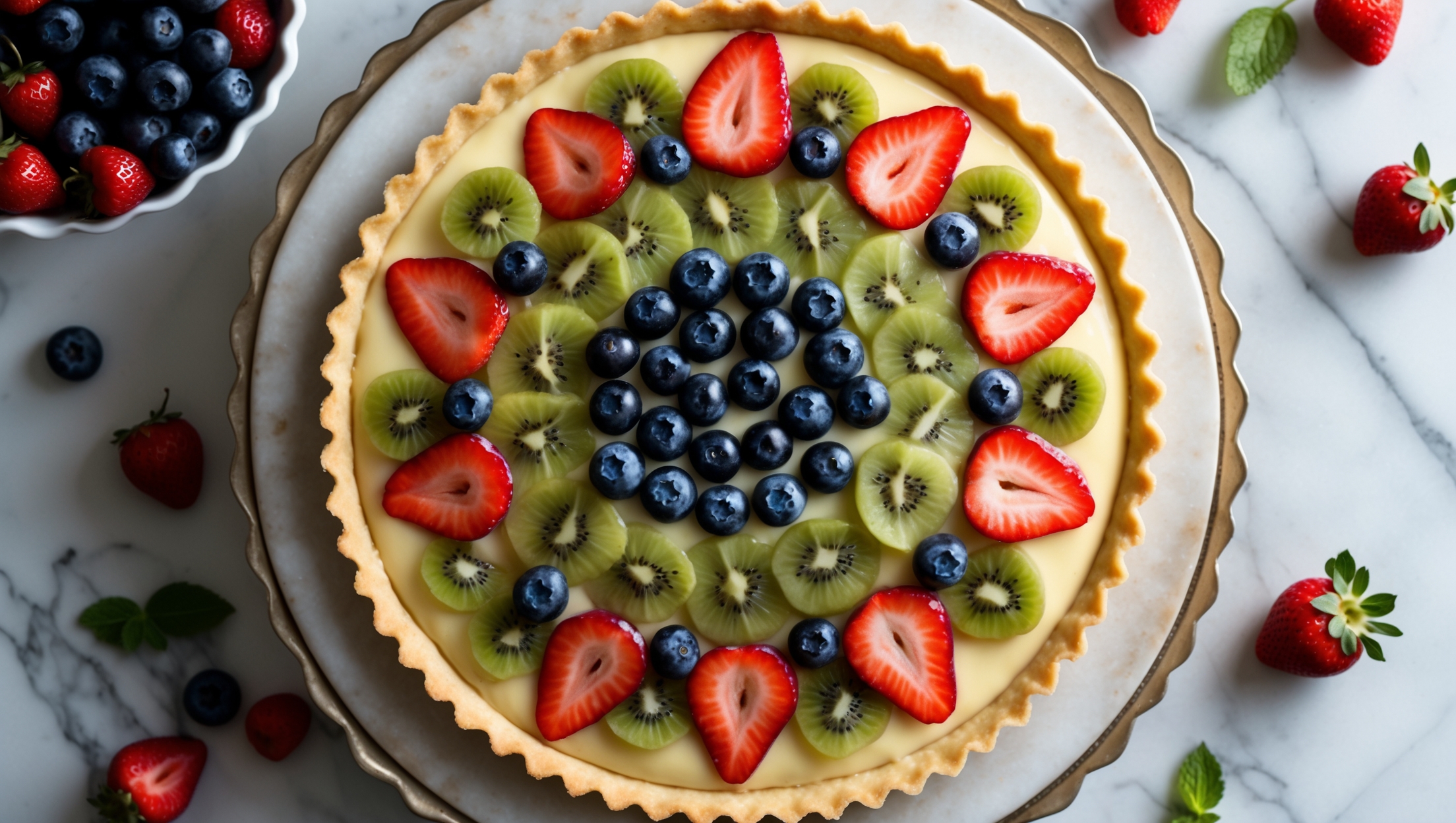 An overhead shot of a perfectly formed circular fruit tart, its golden shortcrust pastry edge framing a smooth vanilla custard center adorned with concentric circles of meticulously arranged fresh fruits—glossy strawberry slices, plump blueberries, kiwi rounds, and mandarin segments—all glistening under a clear fruit glaze. Captured in soft natural light on a vintage white cake stand against a marble countertop, with a scattered arrangement of fresh berries and mint leaves surrounding the tart. The cross-section view reveals the crisp, even thickness of the pastry shell, supporting the velvety yellow custard and creating a striking contrast against the jewel-toned fruits.