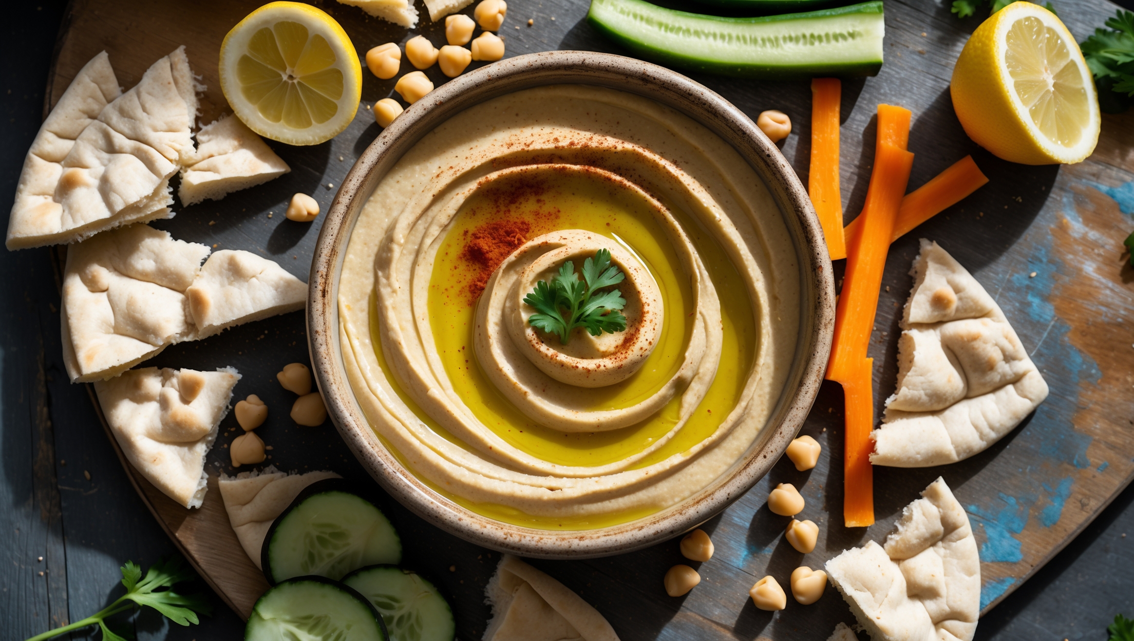 An overhead shot of creamy beige hummus in a shallow, handmade ceramic bowl, with swirls creating valleys filled with golden-green extra virgin olive oil. Natural light streams across the scene highlighting the smooth texture and small flecks of paprika and fresh parsley scattered on top. Surrounding the bowl, torn pieces of freshly baked pita, cucumber slices, and carrot sticks are arranged on a weathered wooden board, while a halved lemon and scattered whole chickpeas add authentic context to the composition. The drizzle of tahini visible on one edge creates a beautiful marbled effect against the warm, earthy tones of the hummus.