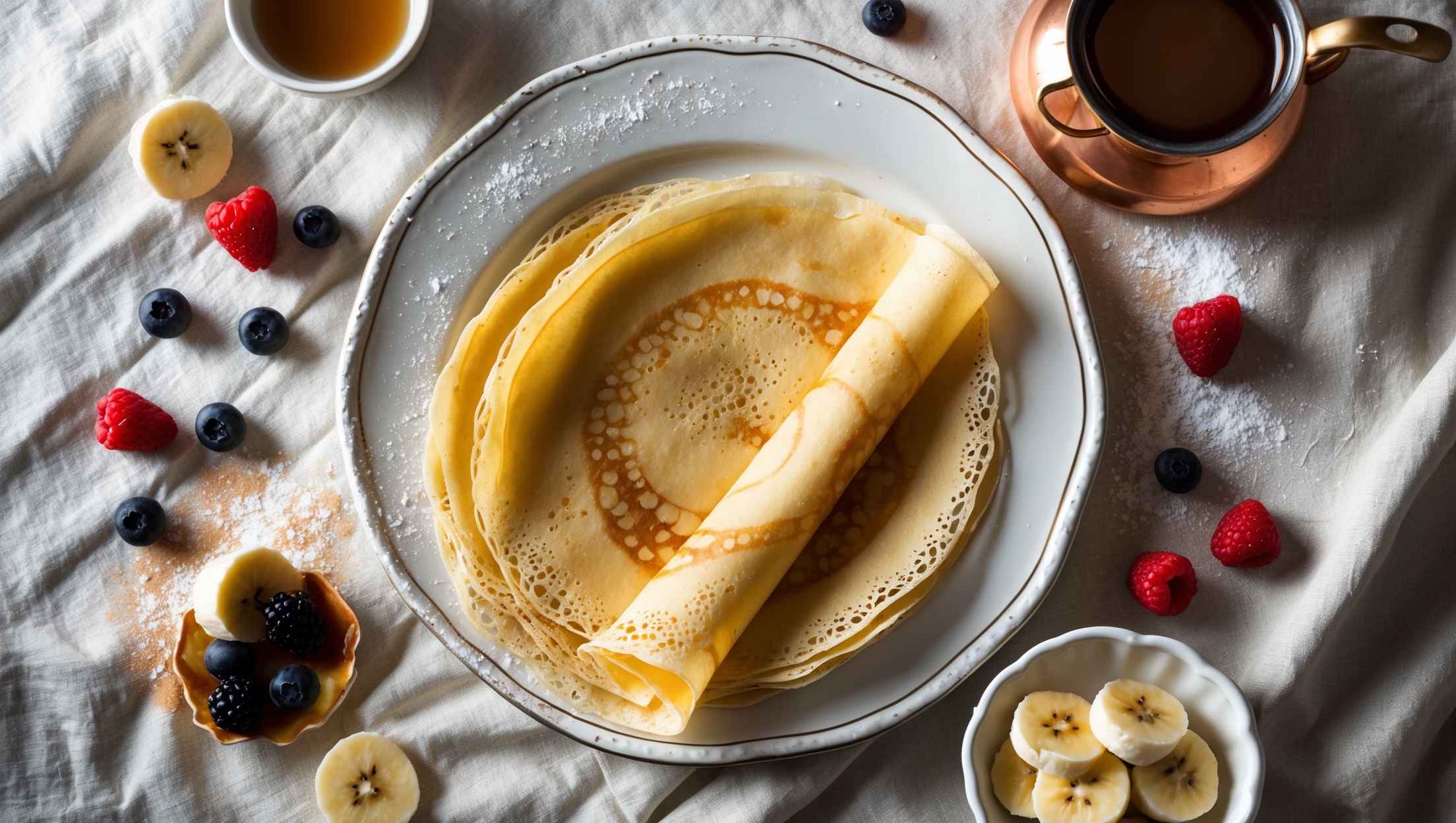 An overhead shot of perfectly golden crepes stacked in a casual spiral on a vintage white porcelain plate, with one crepe partially folded to reveal its delicate texture. In soft natural morning light, the edges catch a subtle golden glow, highlighting their lace-like thinness. Surrounding the plate, scattered fresh berries, a small bowl of Nutella, sliced bananas, and a dusting of powdered sugar create colorful contrast against the neutral linen tablecloth. A copper crepe pan sits nearby, suggesting the traditional cooking method, while a small pitcher of maple syrup waits to be drizzled over these paper-thin French pancakes.