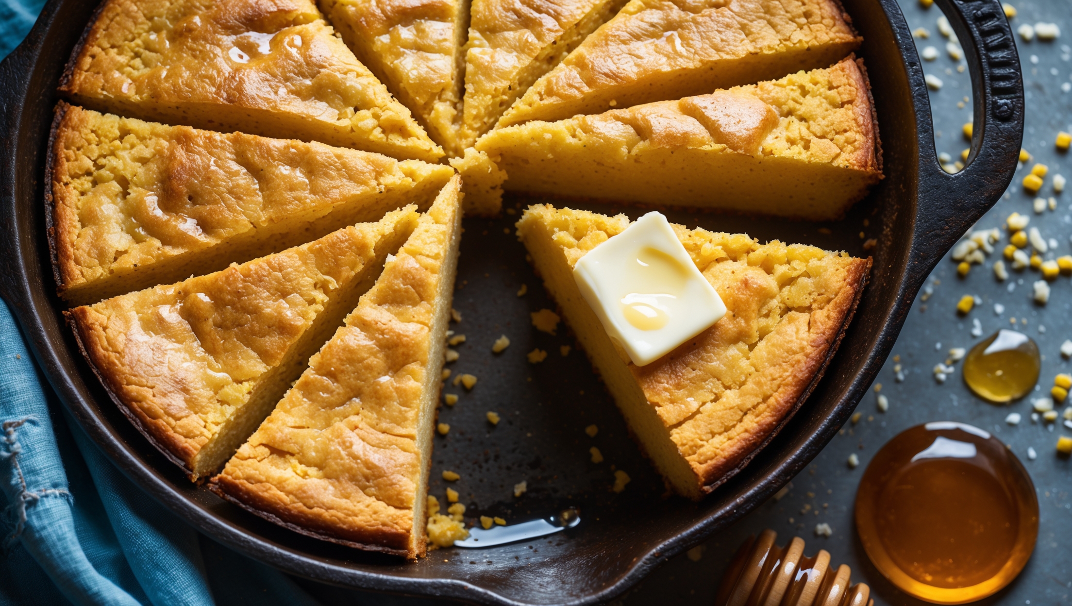 An overhead shot of a rustic cast-iron skillet filled with golden-brown cornbread, cut into triangular wedges with one piece pulled slightly away revealing its moist, tender crumb. The cornbread glistens slightly under soft natural light, with tiny flecks of corn visible throughout. A pat of melting butter rests on the pulled wedge, slowly dripping down its side onto a vintage blue linen napkin. Scattered cornmeal and a small honey dipper with golden honey creating an amber pool nearby add context and texture. The warm, golden-hour lighting accentuates the cornbread's crispy, caramelized edges against the dark cast iron, creating a homey, inviting composition.
