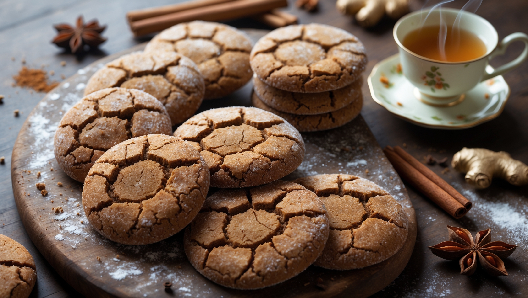An overhead shot of perfectly crackled ginger cookies arranged in a casual spiral pattern on a weathered wooden board, with a few cookies stacked to showcase their chewy centers and sugar-crusted exteriors. The warm golden-brown cookies are captured in soft natural light that highlights their characteristic cracks and sparkle from the sugar coating. In the background, scattered whole spices—cinnamon sticks, star anise, and knobs of fresh ginger—create context while a steaming vintage mug of tea suggests the perfect pairing. A light dusting of flour and a few crumbs add authenticity to the scene, emphasizing the homemade quality of these aromatic, spice-infused treats.