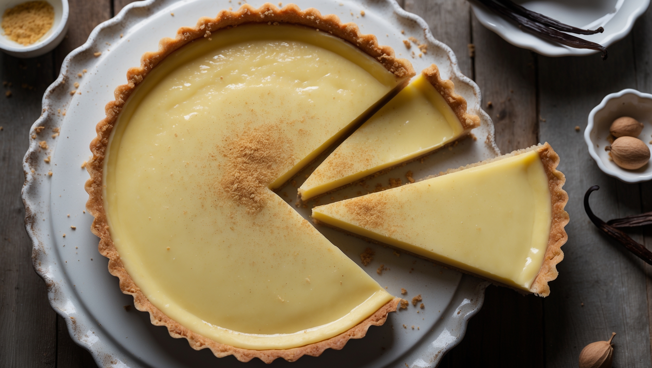 An overhead shot of a Classic Custard Tart with its signature golden-yellow filling that glistens under soft natural light. The cross-section reveals a perfect contrast between the pale, crisp pastry case and the smooth, wobbly custard filling. A delicate dusting of freshly grated nutmeg creates tiny brown speckles across the surface, with one slice removed to showcase the clean, perfect cut. The tart rests on a vintage white ceramic stand against a rustic wooden table, with scattered vanilla pods and a small bowl of fresh nutmeg nearby, suggesting traditional baking methods.