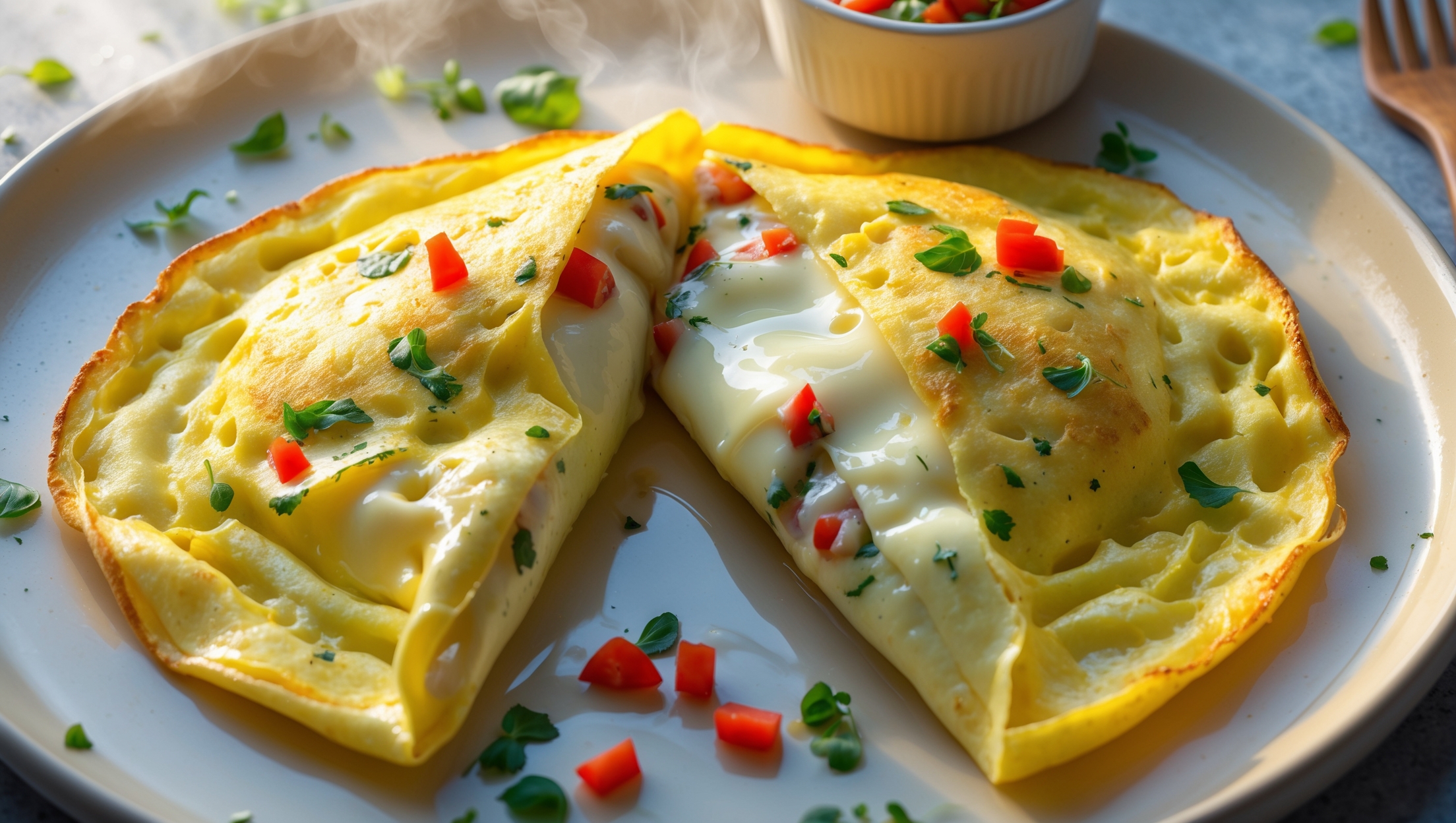 An overhead shot captures a golden-yellow omelet folded in half on a simple white ceramic plate, its edges perfectly browned and slightly crisp. A cross-section reveals a tender, glossy interior with pockets of melted cheese and vibrant flecks of green herbs and diced red peppers. Soft morning light streams across the scene, highlighting the omelet's velvety surface and slight steam rising from the just-cooked egg. Scattered fresh herbs and a small ramekin of extra fillings sit alongside, while a wooden handled fork rests on the plate's edge. The omelet's custardy texture is evident where it's been cut, showing the delicate balance between moisture and structure.