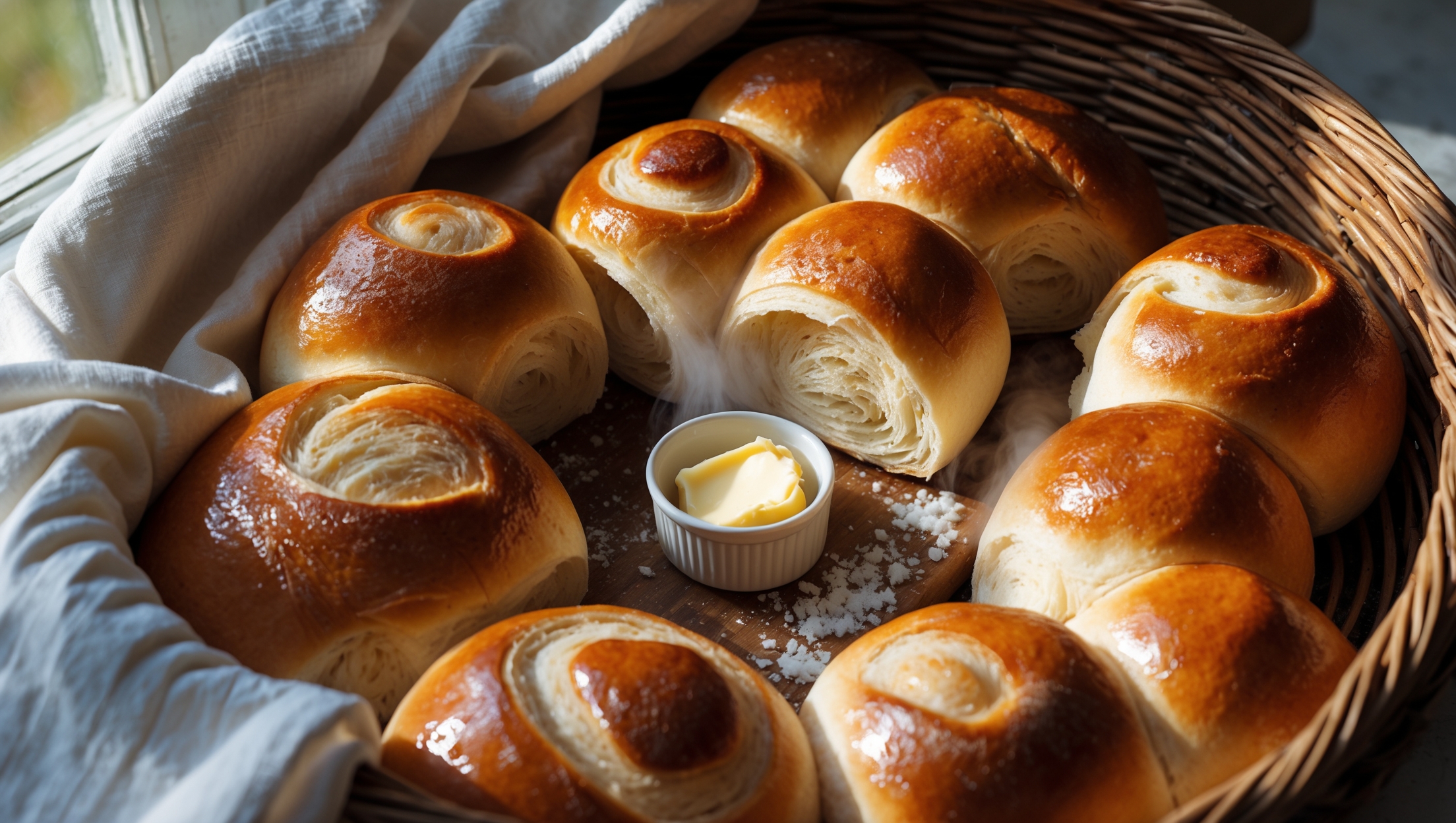 Overhead shot of a rustic wicker basket lined with a crisp white linen napkin, filled with golden-brown dinner rolls arranged in a spiral pattern. Close-up reveals the glossy, buttered tops catching the warm afternoon light streaming through a kitchen window. A cross-section view shows the airy, pillowy interior structure with delicate gluten strands visible in the tender crumb. Several rolls are arranged on a weathered wooden board alongside a small ramekin of softened butter and a sprinkling of flaky sea salt, with steam still visibly rising from a freshly torn roll exposing its fluffy center.