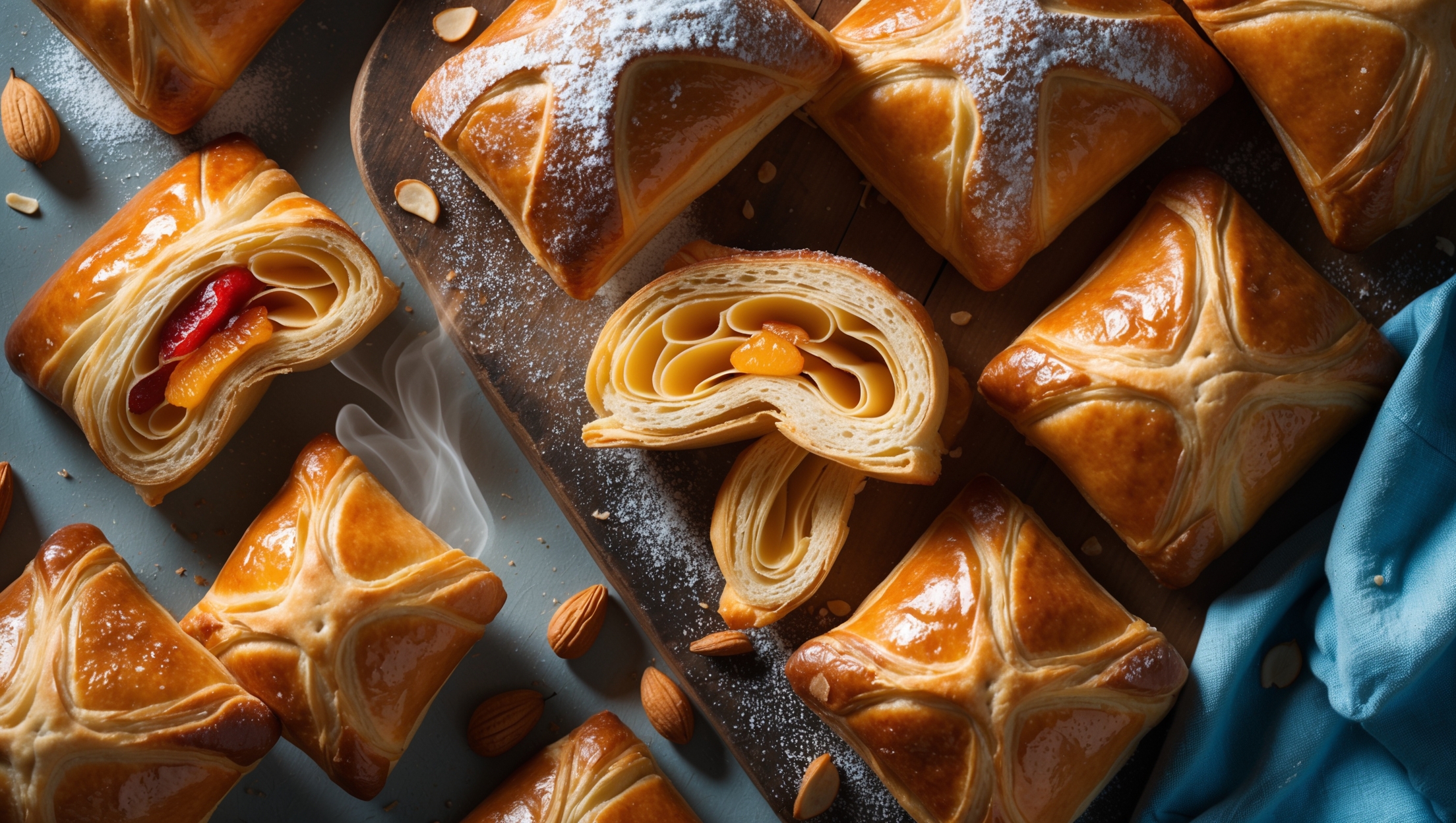 An overhead shot of golden-brown Danish pastries arranged on a rustic wooden board, with several cut open to reveal their characteristic honeycomb layers. A cross-section showcases the perfect lamination – dozens of distinct buttery layers creating an intricate pattern. Soft natural morning light highlights the flaky, glossy exterior while creating gentle shadows that emphasize the texture. A light dusting of powdered sugar creates contrast against some pastries, while others display colorful fruit fillings peeking through their centers. A vintage blue linen napkin and scattered almonds frame the composition, with steam still visibly rising from the freshly baked pastries.