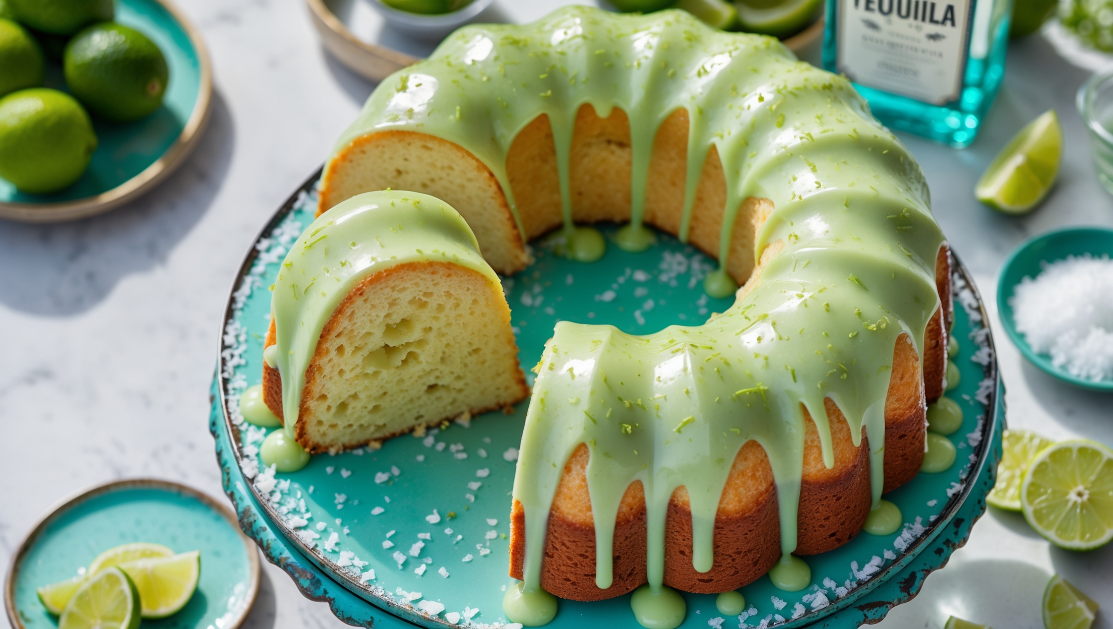 An overhead shot of a circular bundt cake with a glossy lime-green glaze cascading down its ridged sides, captured in bright natural light. The cake sits on a vintage turquoise stand, with lime wedges, sea salt flakes, and tequila bottle artfully arranged in the background. A cross-section shows the moist, light yellow crumb flecked with lime zest, while the glistening surface catches the light, highlighting the crystalline salt rim decorating the outer edge. A single slice on a small plate reveals the cake's tender texture and citrus-infused layers.