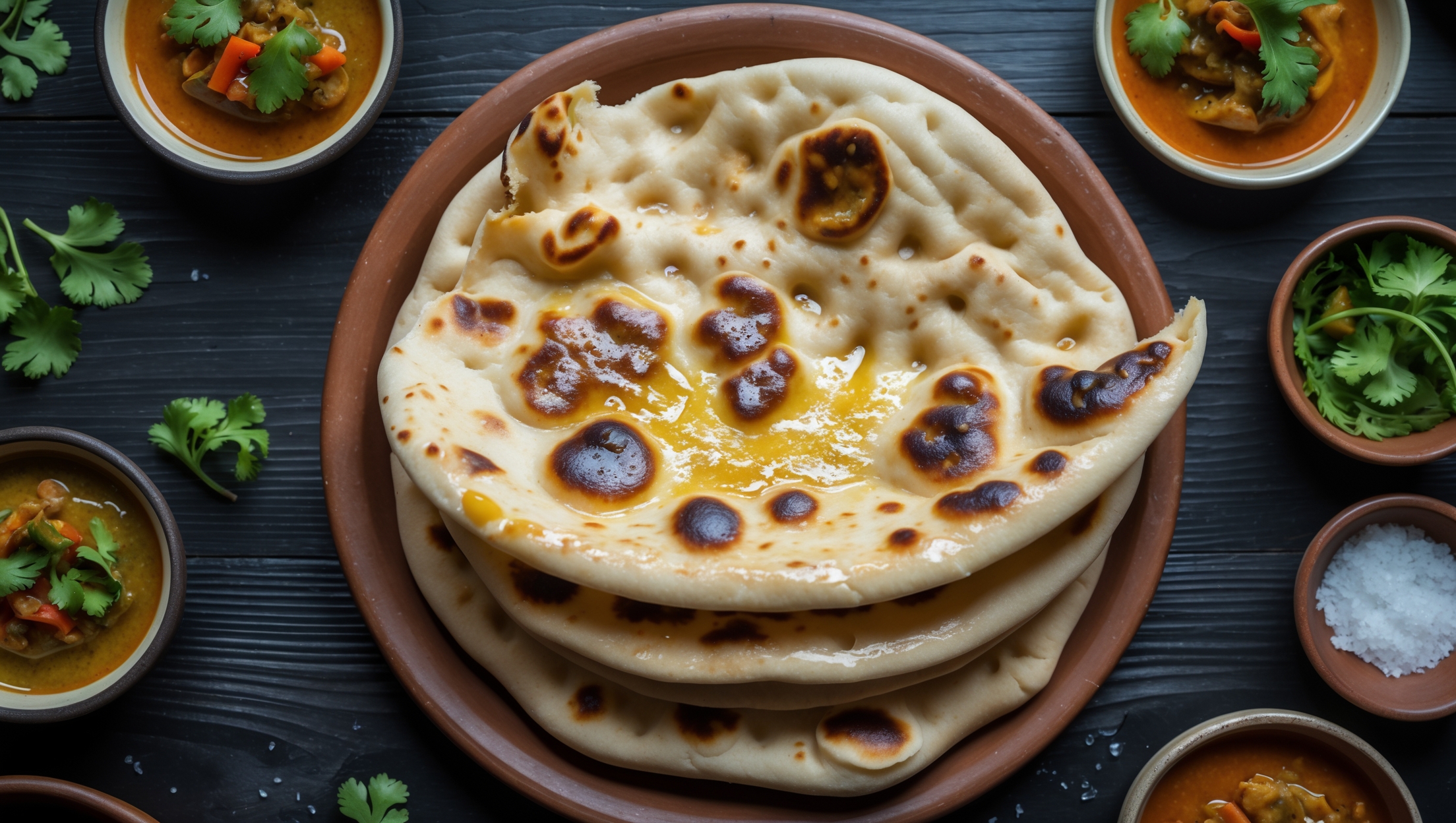 An overhead shot of freshly-baked naan bread stacked on a rustic clay plate, with one piece pulled slightly apart to reveal its airy, bubbly interior structure. The bread's surface shows beautiful char marks and blisters from high-heat cooking, with a light brushing of melted ghee creating a glistening finish. Scattered around the plate are small bowls of colorful curry, fresh cilantro leaves, and a small dish of sea salt flakes. The scene is captured in warm natural light that highlights the bread's golden-brown exterior and fluffy texture, all arranged on a dark wooden table that provides striking contrast to the pale bread.