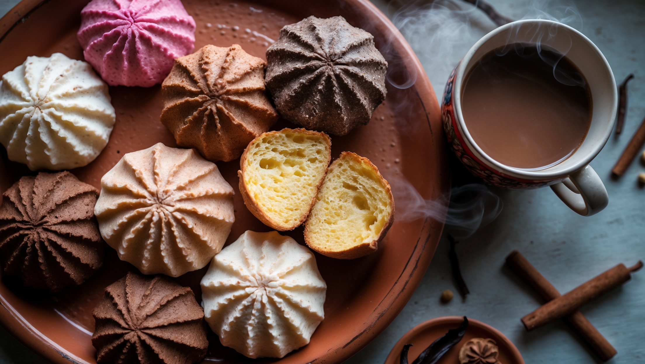 An overhead shot of freshly baked conchas arranged on a rustic terracotta platter, their distinctive shell-patterned tops showing varied colors - some classic white, others cocoa-brown, and a few tinted pink. Soft natural light streams across the scene, highlighting the characteristic cracks in the sugar topping. A close-up captures the moment a concha is broken apart, revealing the pillowy, slightly yellow interior with a fine crumb structure. The conchas are photographed alongside a traditional Mexican ceramic mug filled with hot chocolate, creating steam that adds atmosphere to the image. Scattered cinnamon sticks and vanilla pods frame the composition, complementing the warm, spiced notes in the bread.