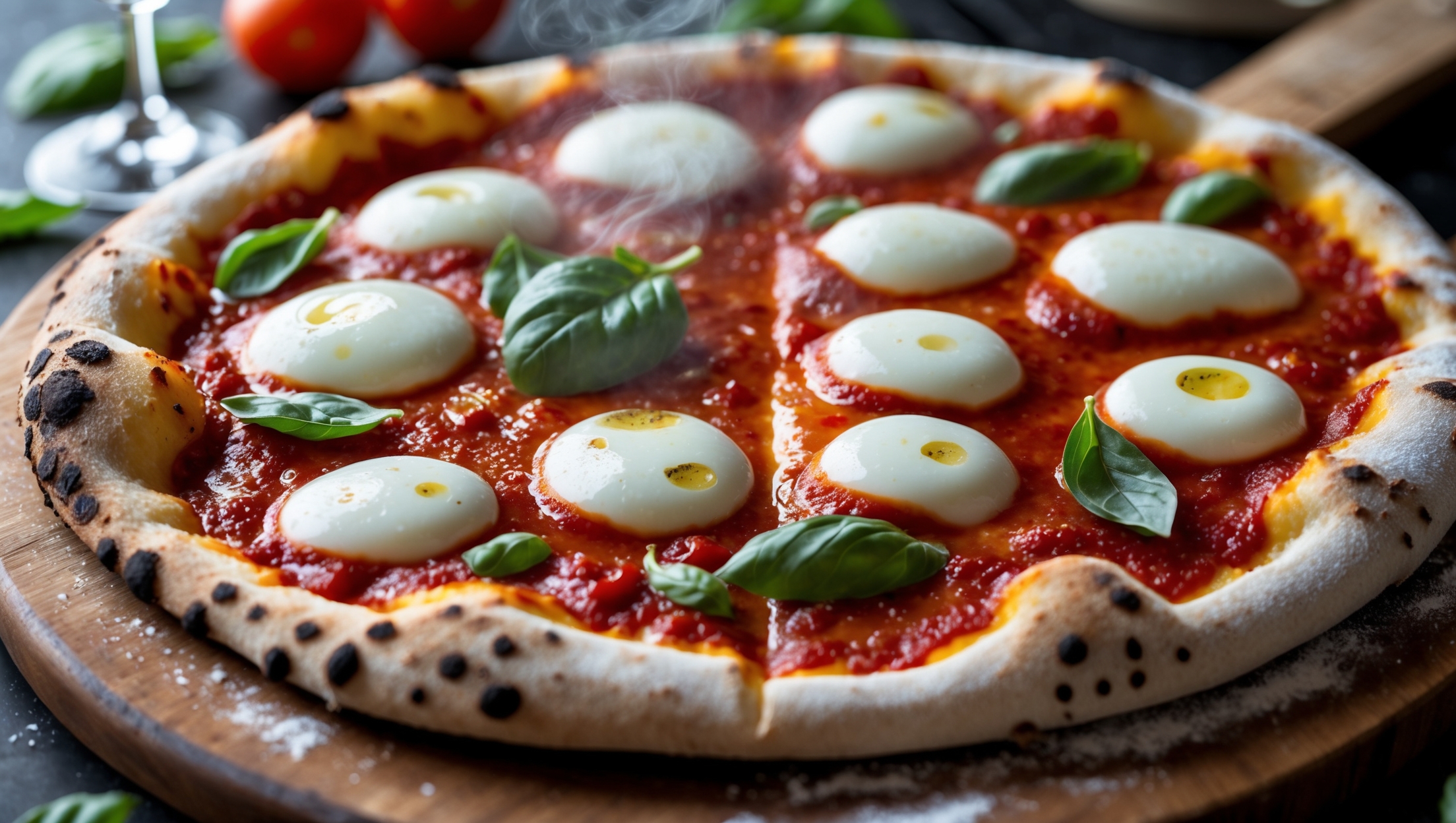 An overhead shot of a perfectly baked Classic Marinara Pizza on a rustic wooden pizza peel. The thin, crispy crust shows charred bubbles around the edges with a visible dusting of flour. Vibrant red marinara sauce spreads evenly across the surface, glistening with olive oil in the warm afternoon light. Pools of melted mozzarella create creamy white islands that contrast against the rich tomato base. Fresh basil leaves scatter across the top, their deep green color popping against the red sauce. Steam rises gently from the just-sliced pizza, revealing the airy, tender crumb structure of the crust. In the blurred background, a glass of red wine and scattered fresh tomatoes complete the authentic Italian scene.