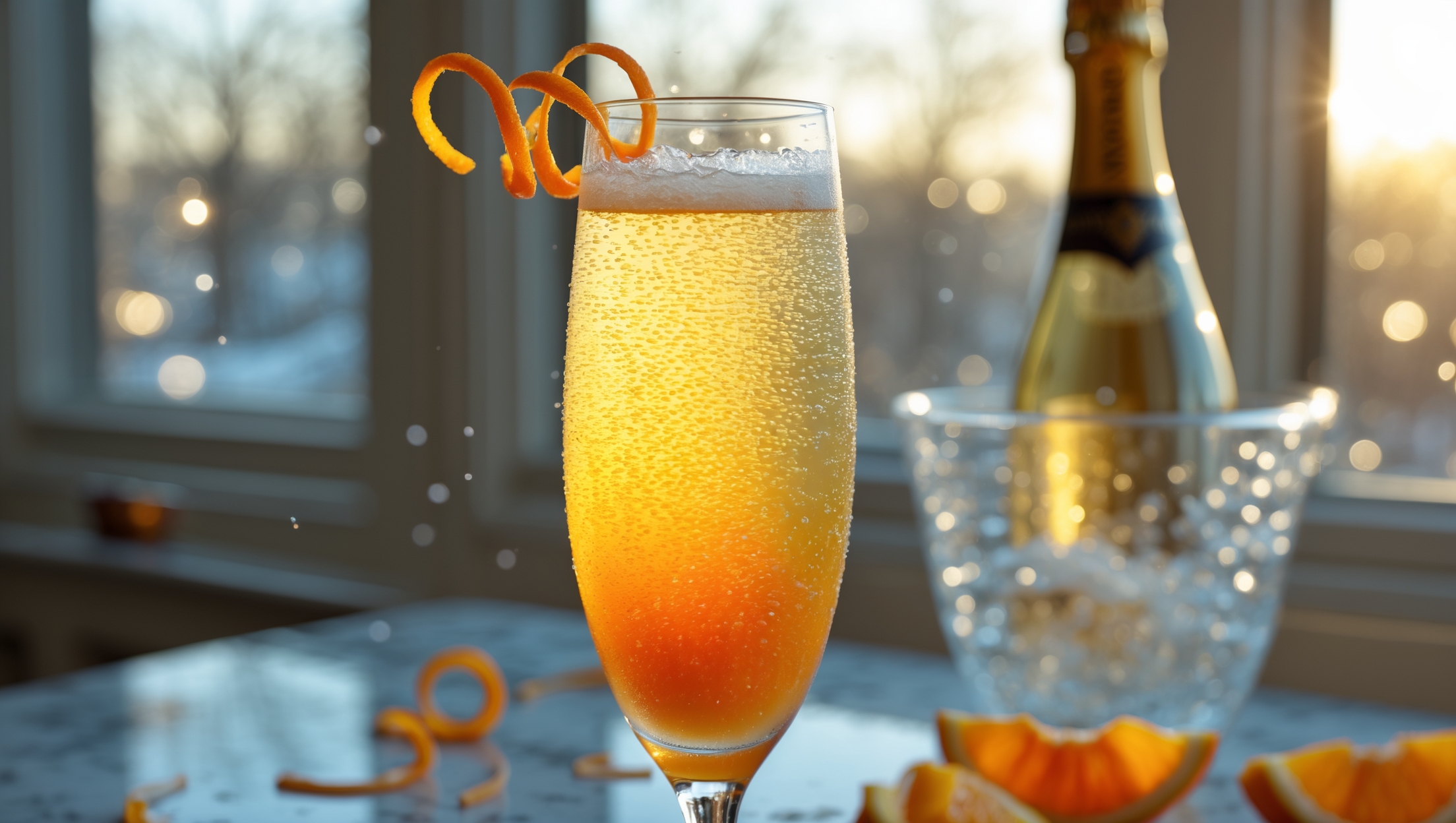 An elegant flute capturing the golden gradient of a Classic Mimosa, from pale champagne at the bottom to vibrant orange at the top. Tiny bubbles rise continuously through the crystal-clear glass, catching the warm morning light streaming through a nearby window. A delicate spiral of fresh orange zest curls over the rim, while condensation beads on the outside of the flute suggest perfect chilling. The mimosa sits on a marble brunch table with scattered fresh orange segments and a champagne bottle resting in an ice bucket slightly blurred in the background.