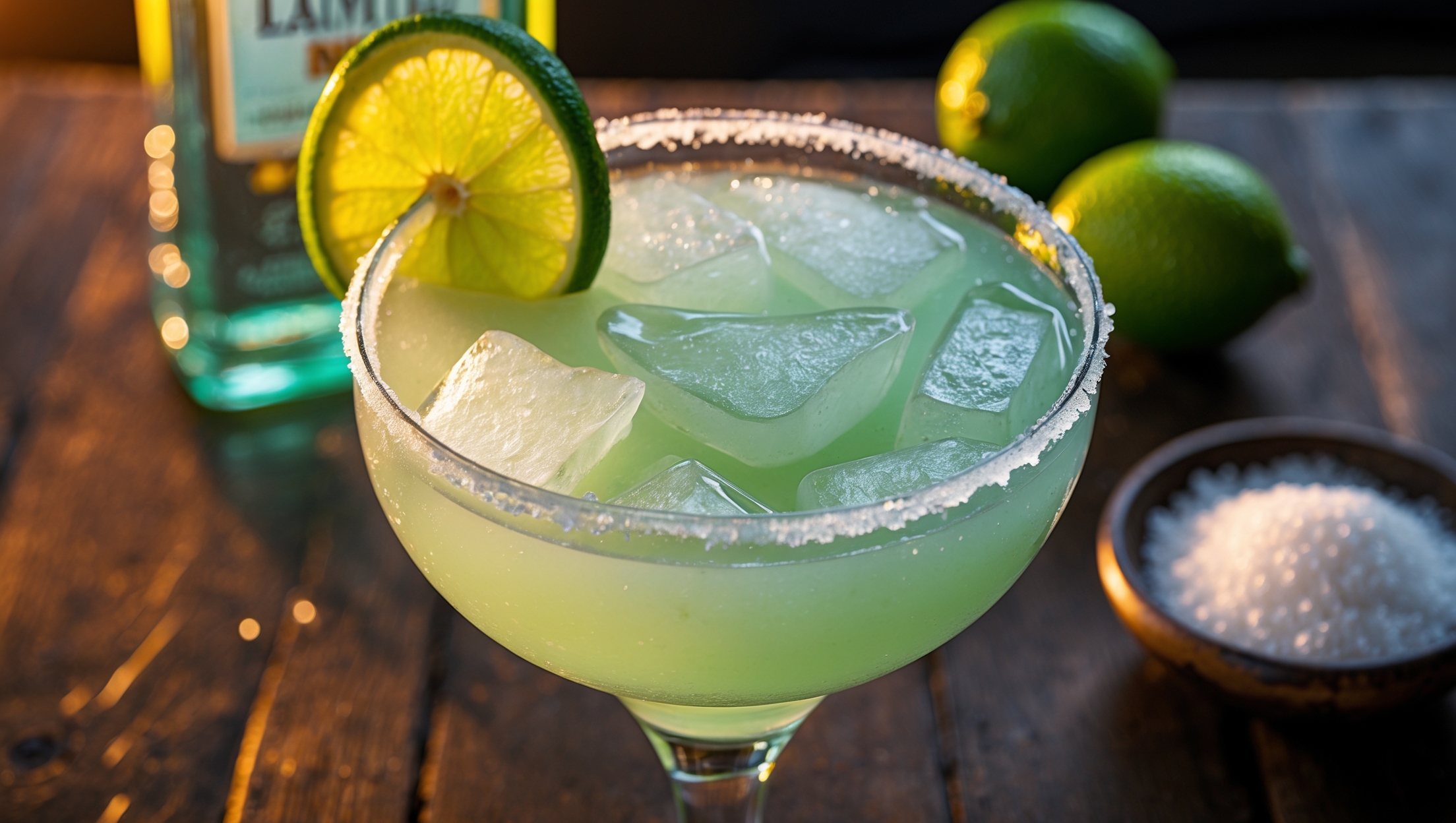 An elegant overhead shot of a Classic Margarita in a traditional salt-rimmed coupe glass, the translucent pale green cocktail catching the warm golden hour light. Crystalline ice shards float on the surface, while a vibrant lime wheel rests on the glass rim, adding a pop of color. Tiny beads of condensation form on the glass's exterior, suggesting its refreshing chill. In the background, slightly blurred, sits a bottle of premium blanco tequila, fresh limes, and a small bowl of flaky sea salt, all arranged on a rustic wooden bar top that brings warmth to the composition.