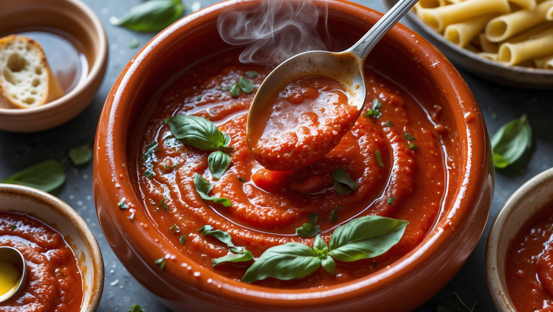 A glossy, deep red marinara sauce captures in an overhead shot, showing its silky texture as it's being spooned from a rustic terracotta serving bowl. Steam rises gently, carrying the aroma of herbs visible throughout the sauce. In natural daylight, the vibrant tomato base contrasts with scattered fresh basil leaves and a light drizzle of extra virgin olive oil creating golden reflections on the surface. Surrounding the main bowl are small dishes of the sauce for dipping artisan bread, showcasing the sauce's versatility while ceramic bowls of pasta partially dressed in the marinara hint at its primary purpose.