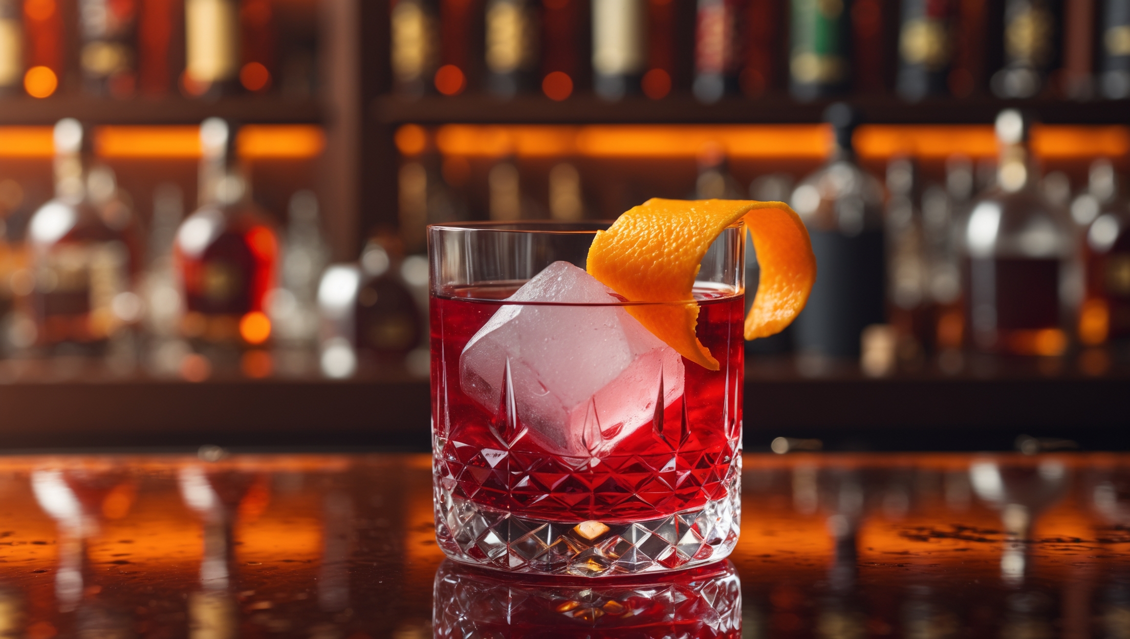 A crystal rocks glass containing a luminous ruby-red Negroni rests on a polished wooden bar top bathed in warm amber lighting. The cocktail's surface gleams with the clarity achieved through proper stirring, showcasing a single large ice cube slowly melting at its center. A vibrant orange peel, expertly twisted to release its essential oils, rests on the rim, its citrus brightness contrasting with the cocktail's deep crimson hue. Reflections of bottle silhouettes create depth in the background, emphasizing the cocktail's jewel-like quality and the timeless atmosphere of a classic Italian aperitivo experience.