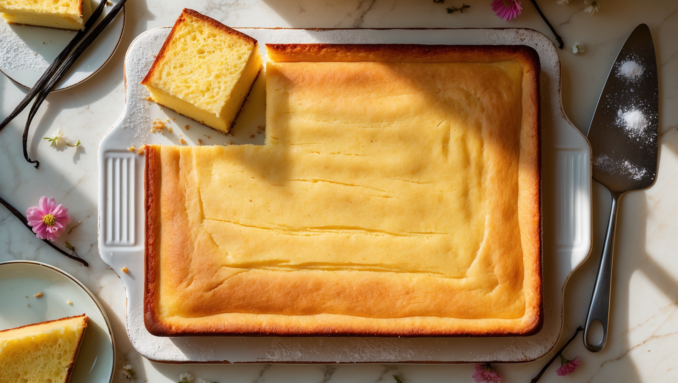 An overhead shot of a golden-hued yellow sheet cake with perfectly even height and a smooth top, photographed in warm natural light streaming through a kitchen window. One corner features a neatly cut slice revealing the cake's moist, fine crumb structure. The cake rests on a vintage white ceramic platter against a light marble countertop, with vanilla beans and fresh flowers scattered artfully around. A cake server sits nearby, ready to portion the next slice, while a delicate dusting of powdered sugar highlights the cake's soft texture. The composition captures both the cake's simple elegance and homey appeal, showcasing its perfect golden-yellow color that promises rich buttery flavor.