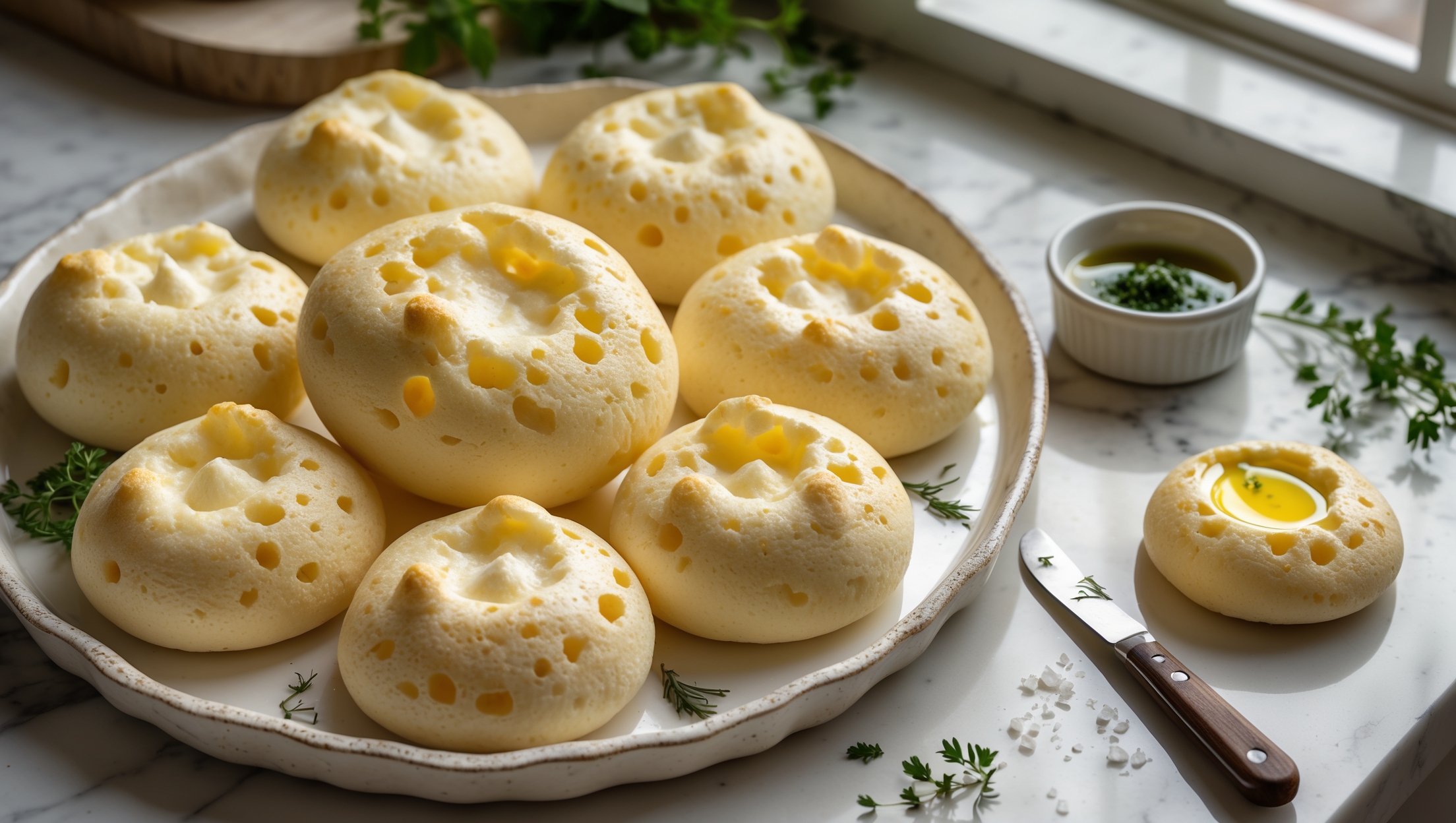 An overhead shot of perfectly golden cloud bread rounds arranged on a rustic white ceramic platter, their tops gently domed with air pockets visible through their translucent surface. Soft natural light streams in from a nearby window, highlighting the bread's slightly crisp exterior and pillowy texture. A cross-section view reveals the bread's remarkably airy interior structure, resembling meringue with delicate air pockets throughout. In the background, fresh herbs and sea salt flakes are artfully scattered on a marble countertop, while a butter knife rests beside a small ramekin of herb-infused olive oil for dipping. The warm, neutral color palette emphasizes the cloud bread's ethereal quality and versatile appeal as a low-carb alternative.