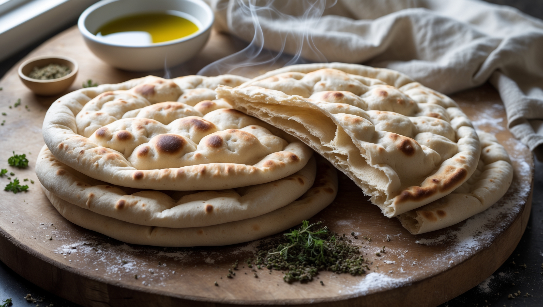An overhead shot of freshly baked pita breads stacked on a rustic wooden board, with one cut open to reveal the perfect pocket inside. Soft natural light streams in from a nearby window, highlighting the golden-brown blisters on the surface and the pillowy texture. A light dusting of flour remains on the edges, while a small bowl of olive oil and scattered za'atar herbs add color contrast. In the background, a linen towel draped casually suggests homemade warmth, while steam gently rises from the freshly baked bread, conveying its straight-from-the-oven appeal.