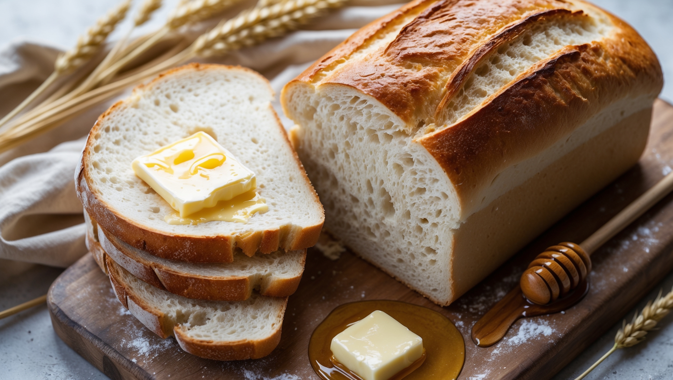 An overhead shot of a perfectly baked loaf of Classic White Sandwich Bread with its golden-brown domed top, captured in soft natural light. A cross-section view reveals the bread's even, tender crumb structure with tiny air pockets throughout. Slices are arranged in a gentle fan on a worn wooden cutting board, showcasing the bread's cloud-like texture against rustic linen. A pat of melting butter glistens on one slice, with honey drizzling from a wooden dipper nearby. The warm tones of the crust contrast beautifully with the pure white interior, while scattered wheat stalks and a dusting of flour add context to this timeless kitchen staple.