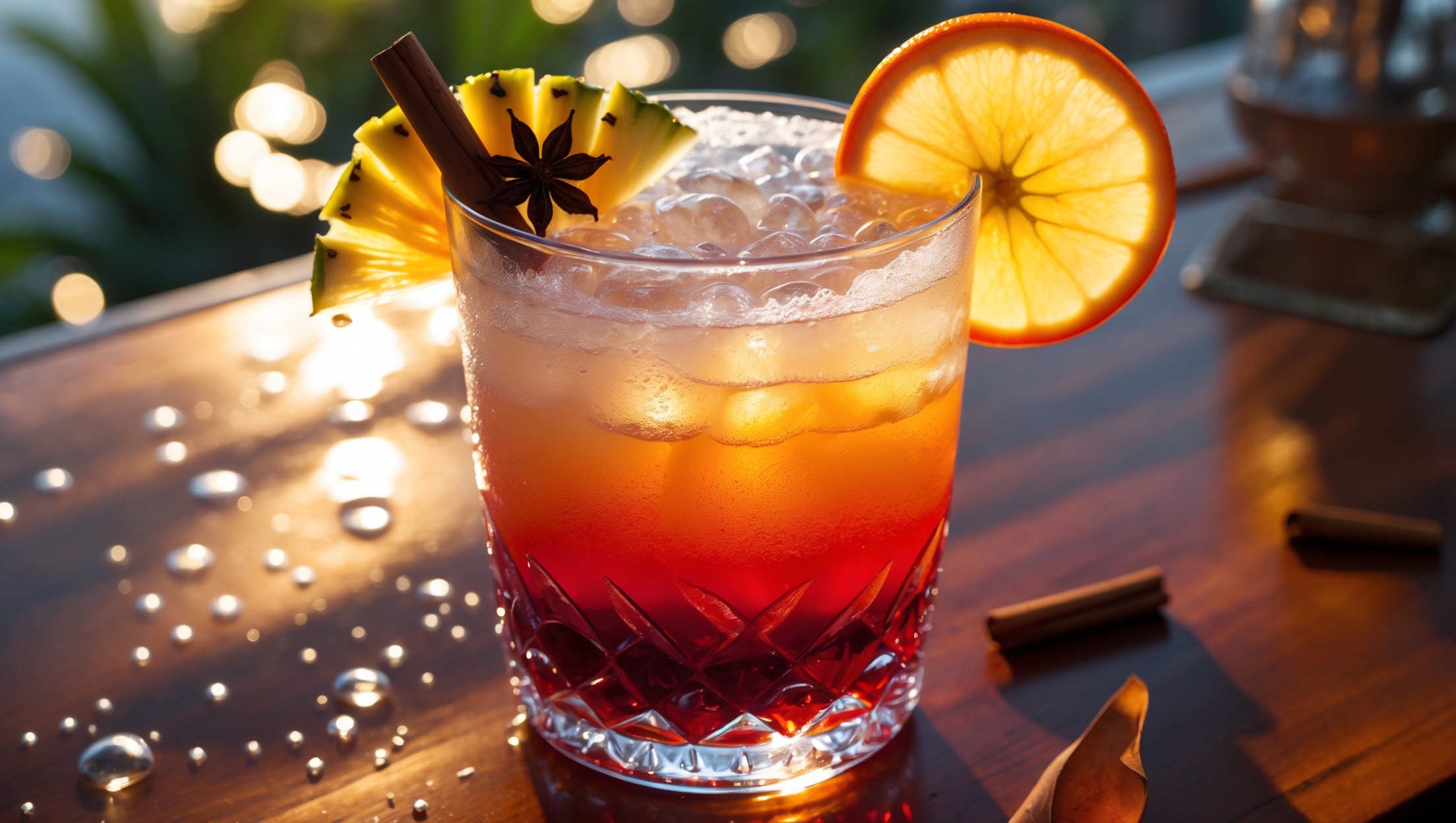 An overhead shot of a crystal-clear hurricane glass showcasing layers of amber rum punch with a gradient effect from deep ruby red at the bottom to sunny orange at the top. Golden hour sunlight streams through the glass, highlighting the drink's vibrant colors and casting warm reflections on a polished teak bar top. A slice of fresh pineapple and orange adorn the rim, alongside a paper-thin lime wheel floating atop the drink. Condensation beads form on the outside of the glass, suggesting refreshing coldness, while a cinnamon stick and star anise garnish hint at the cocktail's complex spiced notes. In the background, blurred tropical foliage creates a vacation ambiance that perfectly complements this classic rum-based punch.