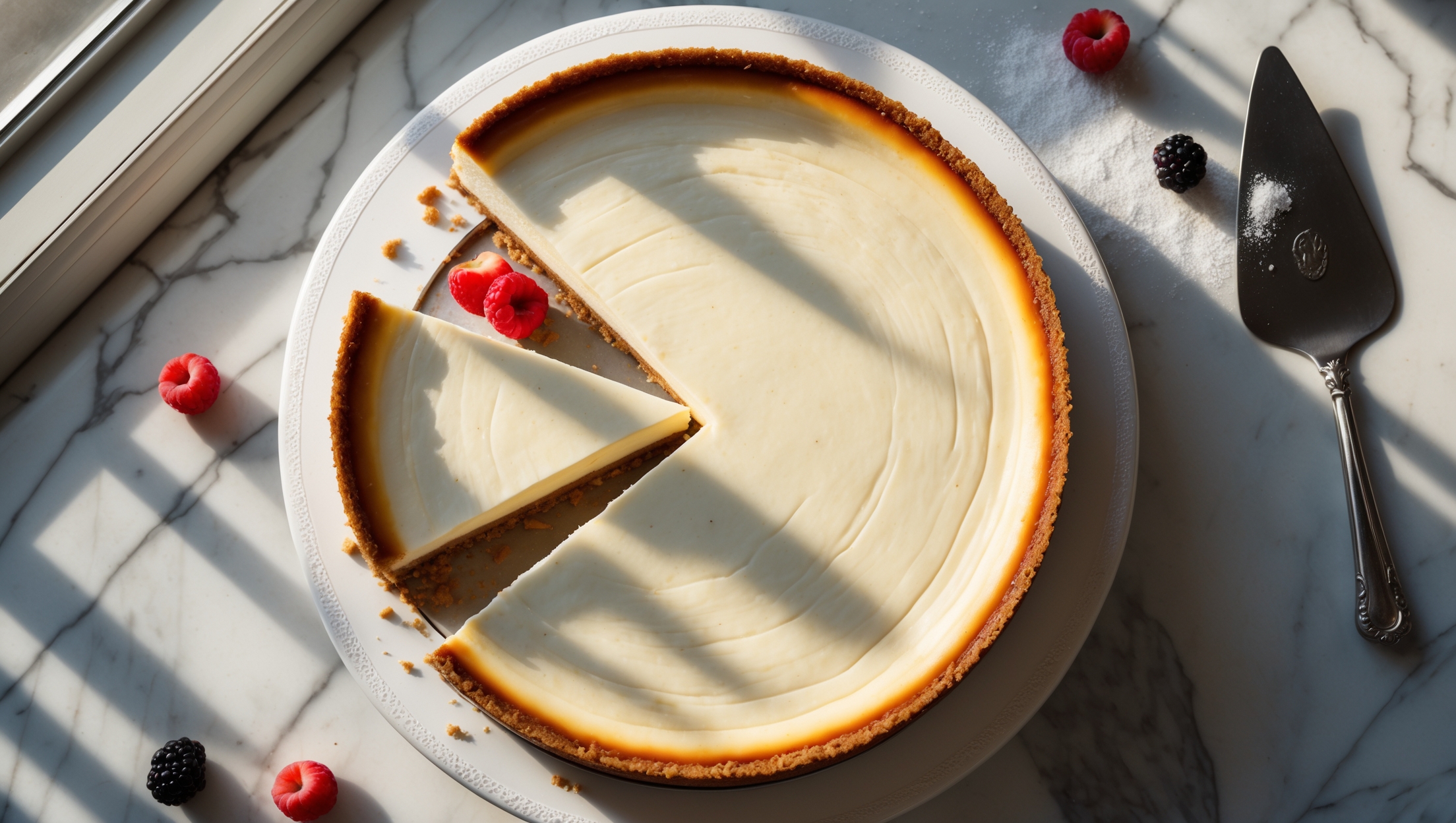 An overhead shot of a perfectly baked New York cheesecake with a subtle golden top against a pristine white ceramic cake stand. A cross-section slice reveals the contrast between the dense, ivory-colored filling and golden-brown graham cracker crust. Natural window light highlights the smooth, crack-free surface while casting gentle shadows that emphasize the cake's luxurious texture. Scattered fresh berries and a light dusting of icing sugar add vibrant color accents, while a silver cake server rests alongside, ready to cut into the decadent dessert. The surrounding marble countertop enhances the elegant, classic presentation of this iconic cheesecake.