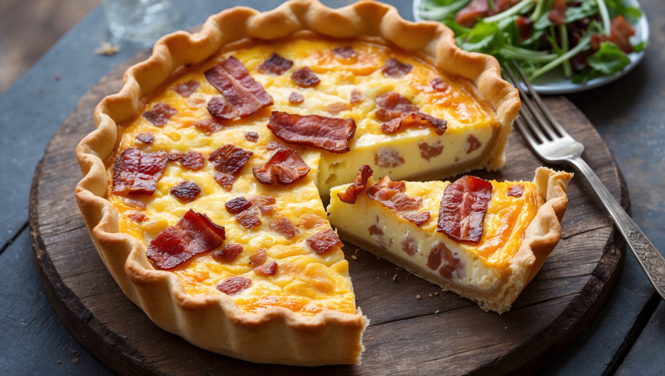 An overhead shot of a golden-brown Classic Quiche Lorraine, its flaky pastry crust crimped to perfection around a set but slightly jiggly custard. The surface has attractive caramelized spots where the cheese has browned, with visible pieces of crispy bacon peeking through. A slice has been removed to showcase the velvety egg filling studded with bacon and melted Gruyère. The quiche sits on a rustic wooden board, accompanied by a small side salad of fresh greens with a light vinaigrette. Natural light streams across the scene, highlighting the delicate layers of the pastry and the creamy texture of the filling. A vintage fork rests beside the removed slice, inviting viewers to imagine the first delicious bite.